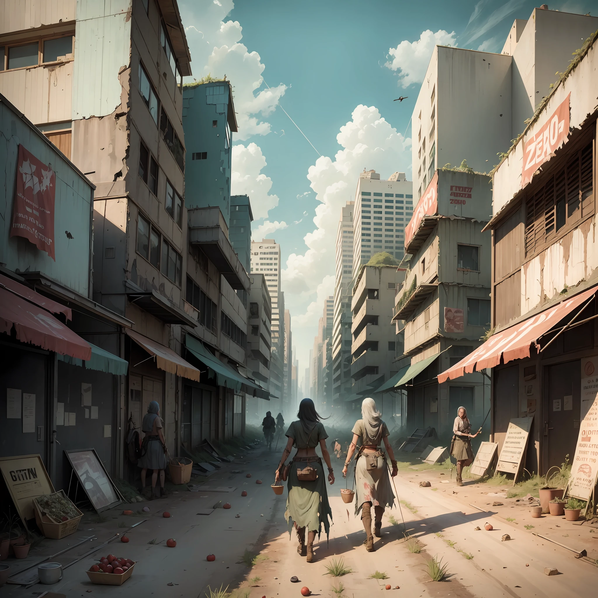 2076 AD city decaying wasteland, hunter-gatherer women picking fruit in the garden, torn shirts, zombies are not allowed,