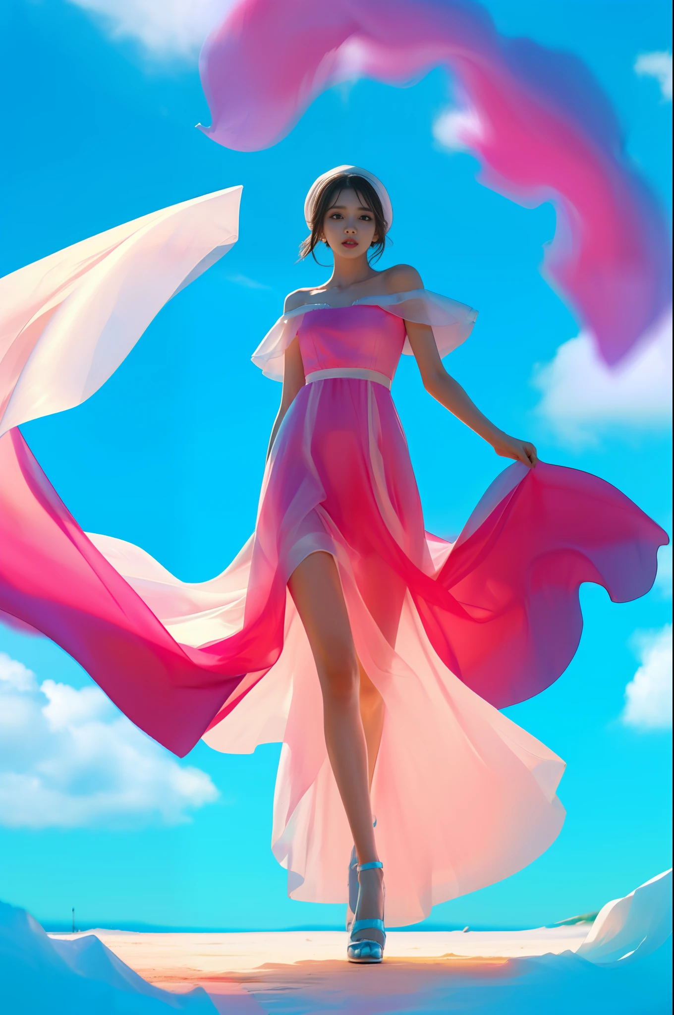 (8k, RAW photo, photorealistic:1.25), ( lip gloss, eyelashes, glossy side, shiny skin, best quality, ultra high resolution, depth of field, chromatic aberration, caustics, wide light, natural shadows, headwear, Kpop idol), (dreamy and romantic compositions: 1.5), light pink style, 1girl, (sky witch: 1.5), tall and thin beauty goddess, flowing dress, conservative girl, cloud goddess, flowing white fabric, wearing flowing dress, realistic, blue sky on background, (wind: 1.5), (full body: 1.5), add_detail,