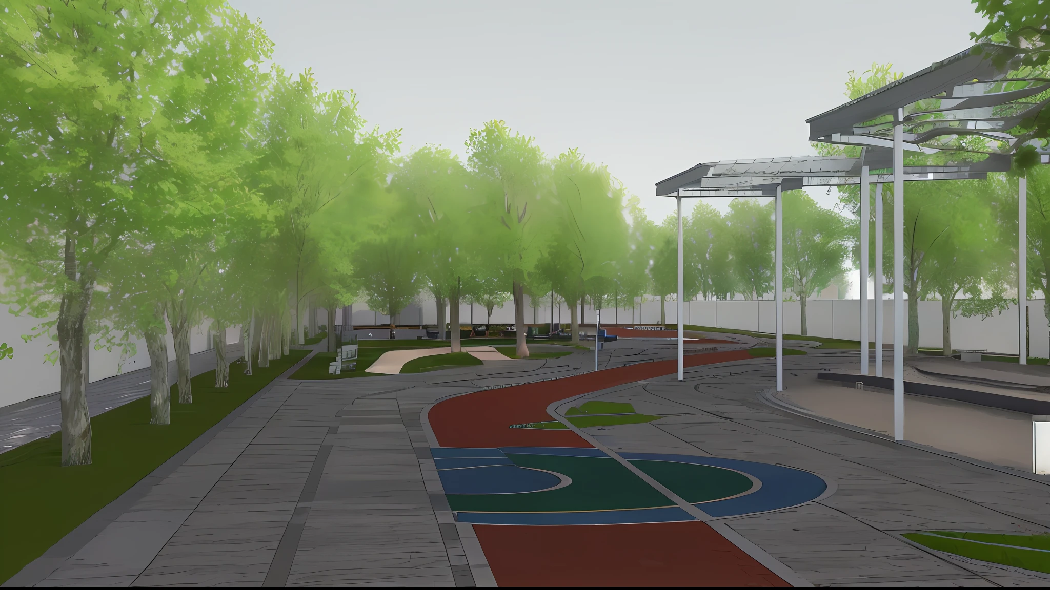 rendering of a park with a colorful path and benches, school courtyard, detailed rendering, park in background, urban plaza, parks and public space, digital rendering, conceptual rendering, rendered in enscape, enscape render, a park, finalrender, detail render, landscape architecture photo, a digital rendering, final render, rendering, 3d rendering, 3 d rendering --auto --s2
