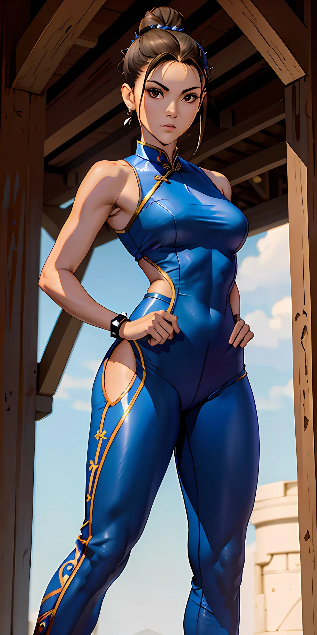 woman in her 20s, chunlims, (perfect face), defined jawline, beautiful brown eyes, beautiful lips, (short brown hair, hair bun, double bun), (perfect anatomy), (athletic body), (sexy), (thick thighs), (perfect hands), (blue cheongsam), tight blue track pants, spiky bracelets, looking at viewer, (medium full shot photograph), (fighting arena background), realistic