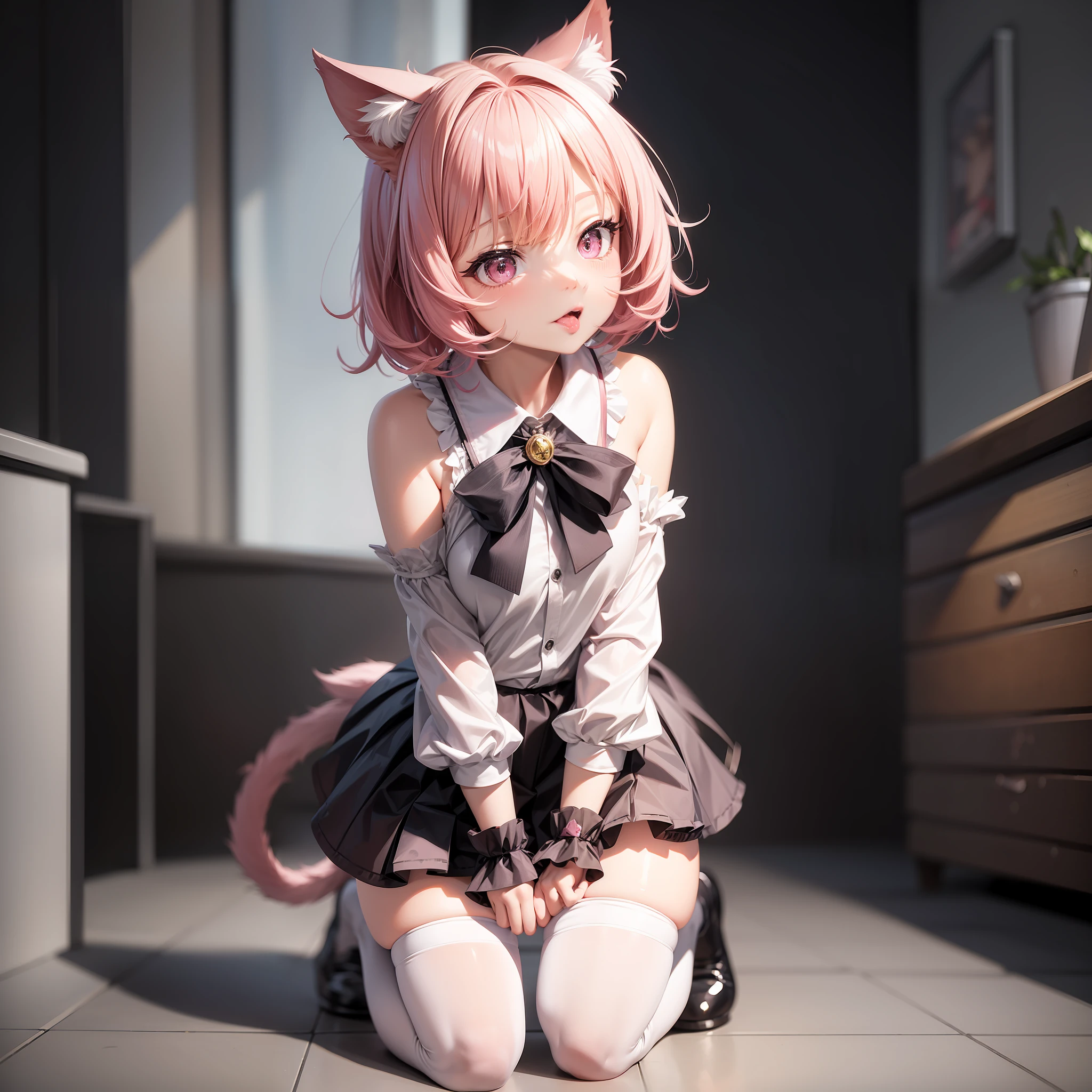 Girl Cat Ears Beast Tail Short Pink Hair Short Skirt Shyness Tongue Sticking Thin Legs White Stockings Kneeling --auto --s2