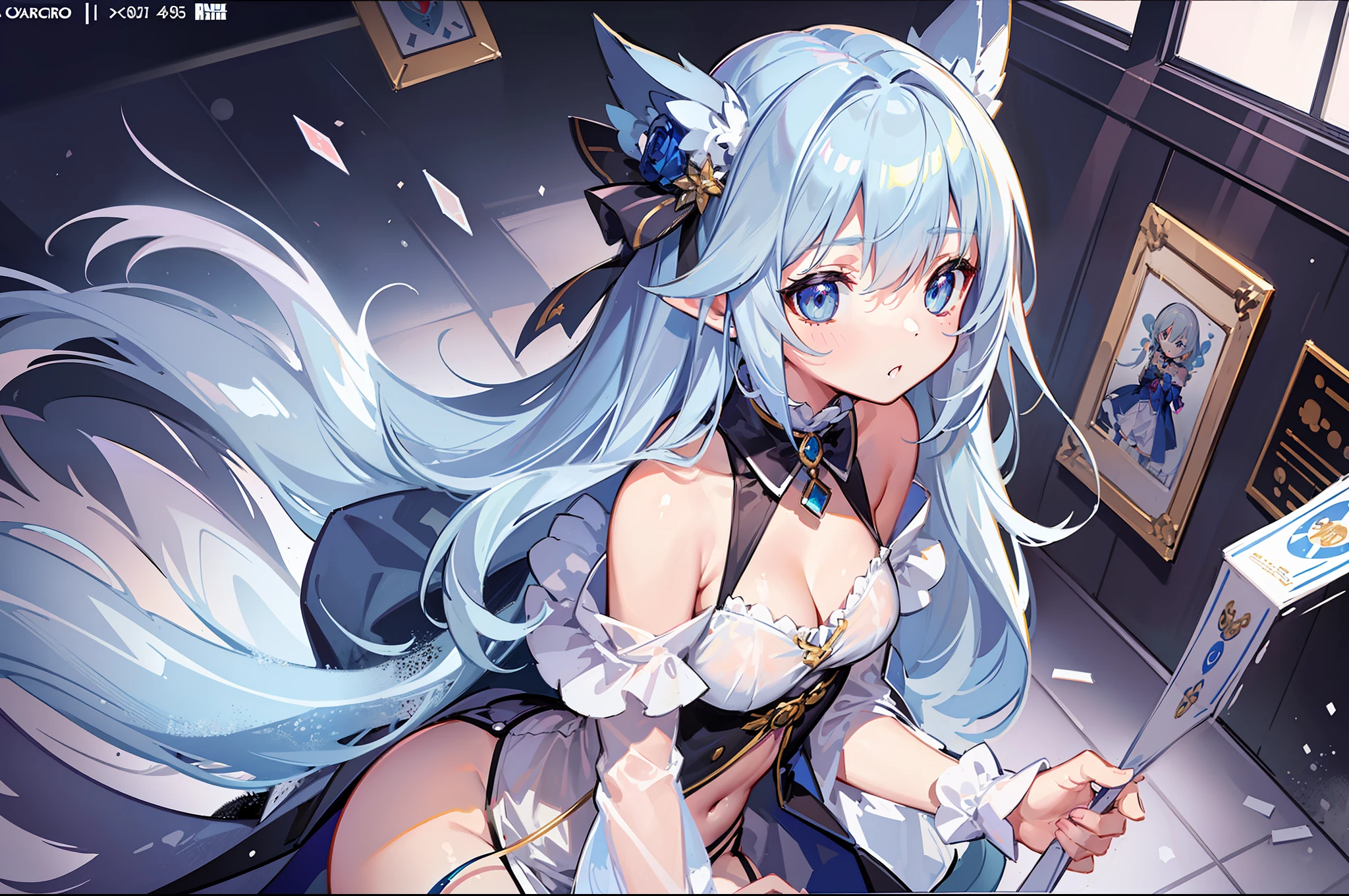 (MASTERPIECE), (Best Quality), (Ultra Detail), Official Art, One Girl, Lori with Pale Light Blue Hair, Petite Little Girl, Loli, Blue and Silver See-Through Dress, Sleeveless, Off Shoulder, Long Cape, Small, Small, Cleavage, Underboob, Thigh Focus, Navel Out, Card Illustration, Snowfield, Wallpaper