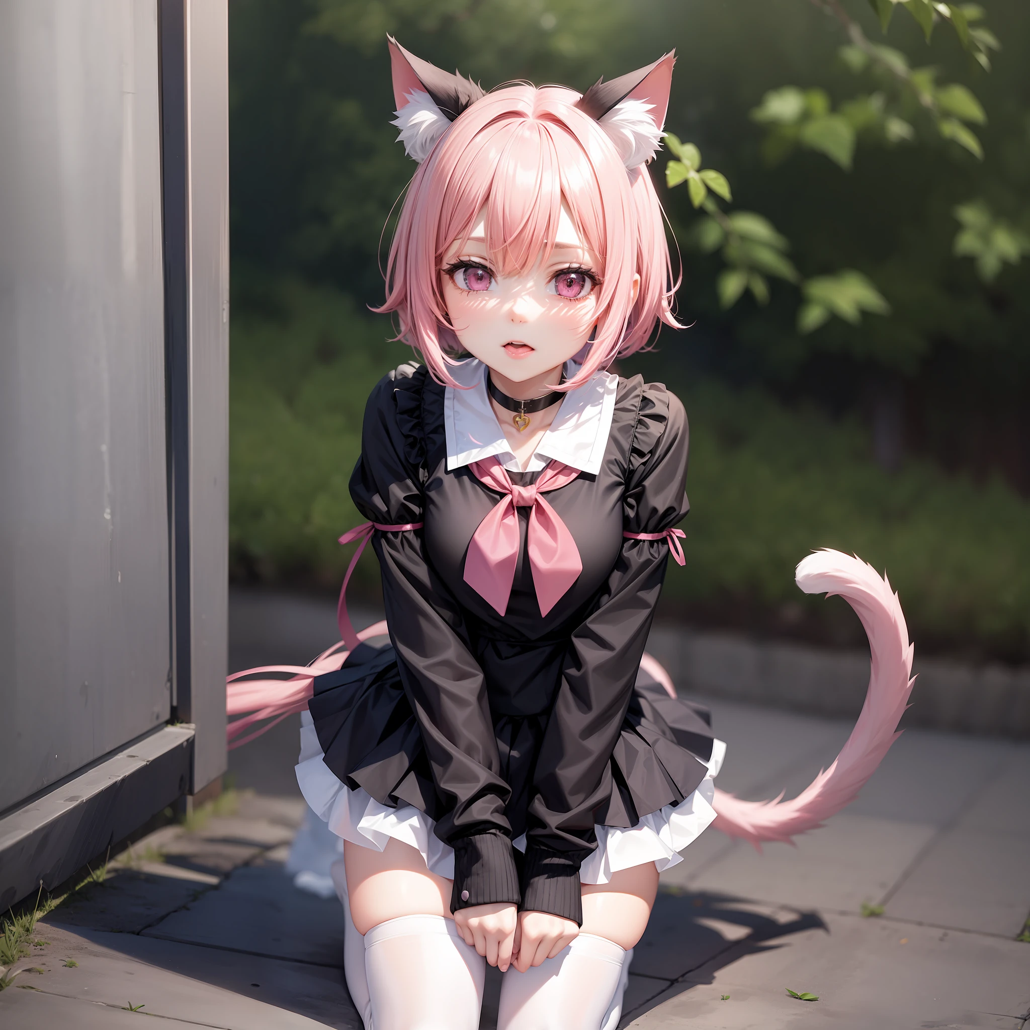 Girl Cat Ears Beast Tail Short Pink Hair Short Skirt Shyness Tongue Sticking Thin Legs White Stockings Loli Kneeling --auto --s2