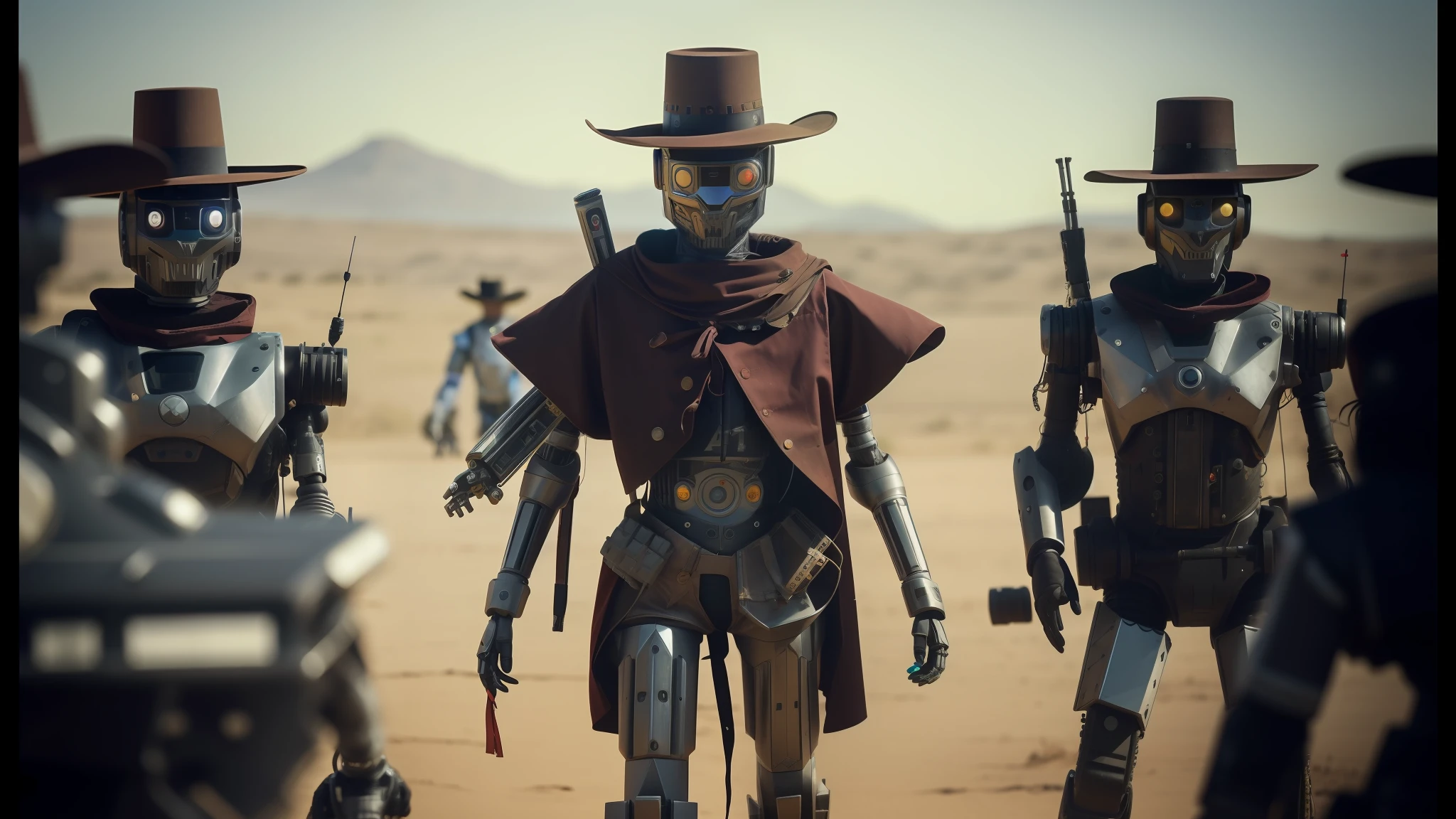 several robots dressed in costumes and hats are walking in a field, 4 k wild west, techno-punk, 8k highly detailed โค๏ธโ๐ฅ ๐ฅ ๐ ๐ค ๐, made in 2019, anamorphic cinematography, cosplayer, moebius aesthetic, skin : tjalf sparnaay, western comic, character mashup, 2 0 7 7