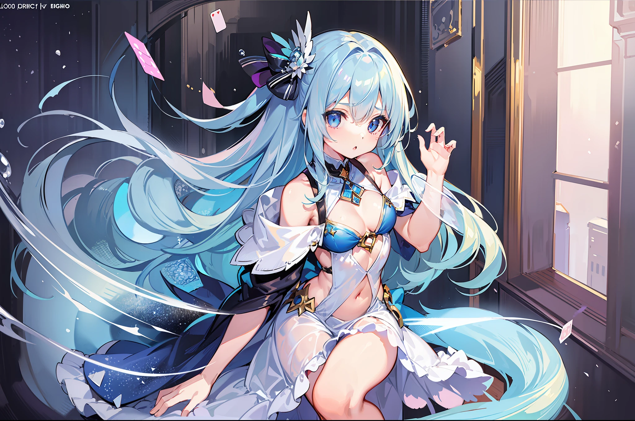 (MASTERPIECE), (Best Quality), (Ultra Detail), Official Art, One Girl, Lori with Pale Light Blue Hair, Petite Girl, Loli, Blue and Silver See-Through Dress, Sleeveless, Off Shoulder, Long Cape, Small, Small, Cleavage, Underboob, Thigh Focus, Navel Out, Card Illustration, Snowfield, Wallpaper
