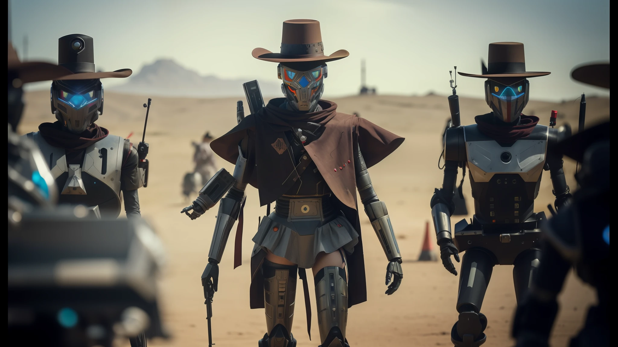 several robots dressed in costumes and hats are walking in a field, 4 k wild west, techno-punk, 8k highly detailed ❤️‍🔥 🔥 💀 🤖 🚀, made in 2019, anamorphic cinematography, cosplayer, moebius aesthetic, skin : tjalf sparnaay, western comic, character mashup, 2 0 7 7