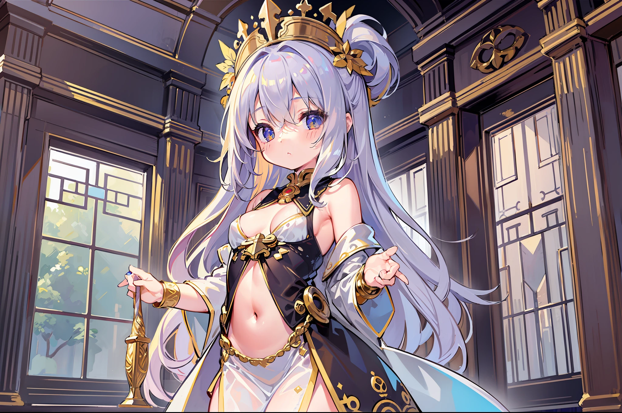 (MASTERPIECE), (Best Quality), (Ultra Detail), Official Art, One Girl, Golden Haired Loli, Petite Little Girl, Saint Loli, Priestess, Gold and Silver See-Through Dress, Sleeveless, Off Shoulder, Small, Small Breasts, Cleavage, Underboob, Thigh Focus, Navel Out, Card Illustration, Temple, Wallpaper