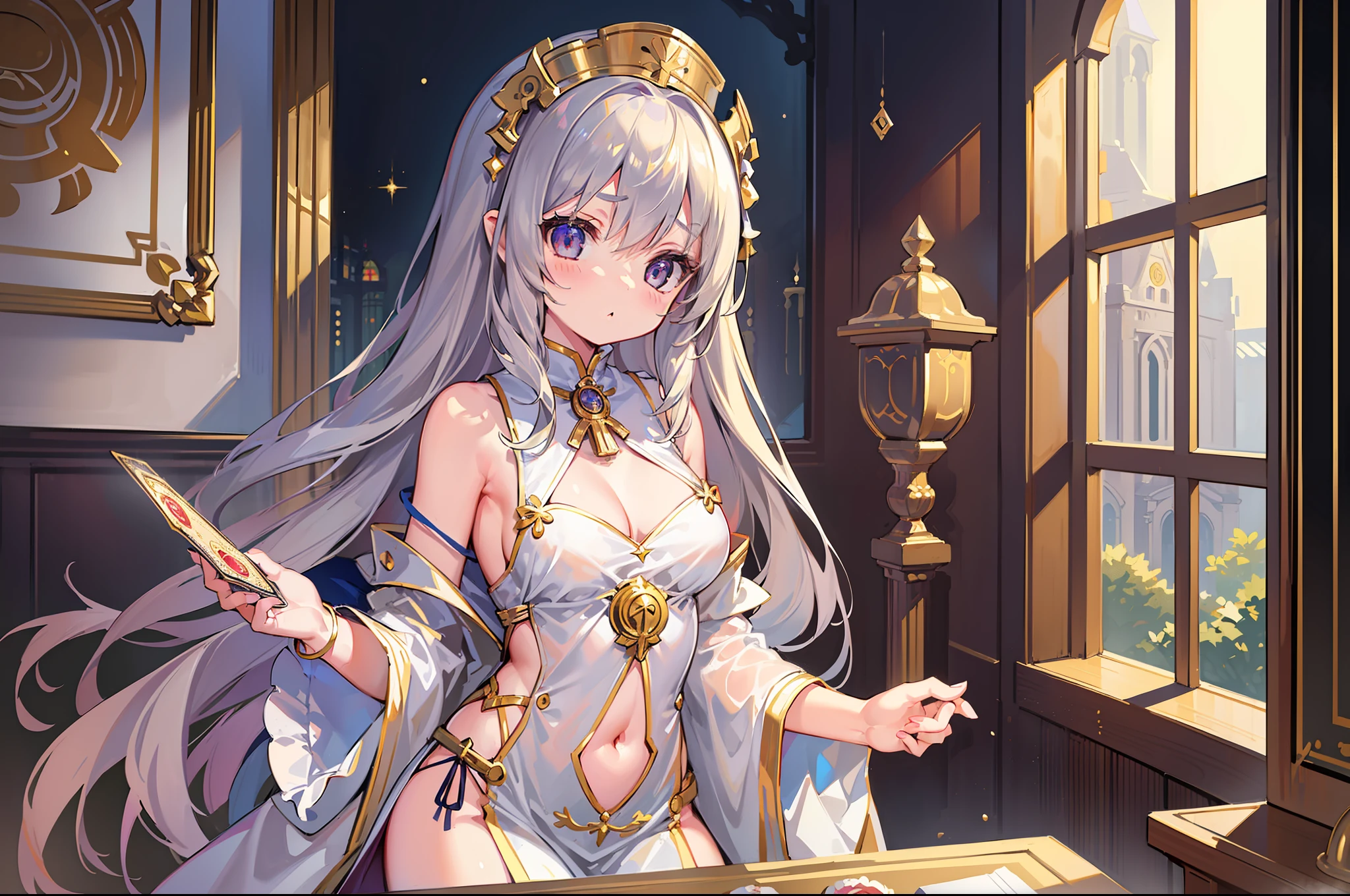 (MASTERPIECE), (Best Quality), (Ultra Detail), Official Art, One Girl, Golden Haired Loli, Petite Girl, Saint Loli, Priestess, Gold and Silver See-Through Dress, Sleeveless, Off Shoulder, Small, Small Breasts, Cleavage, Underboob, Thigh Focus, Navel Out, Card Illustration, Temple, Wallpaper