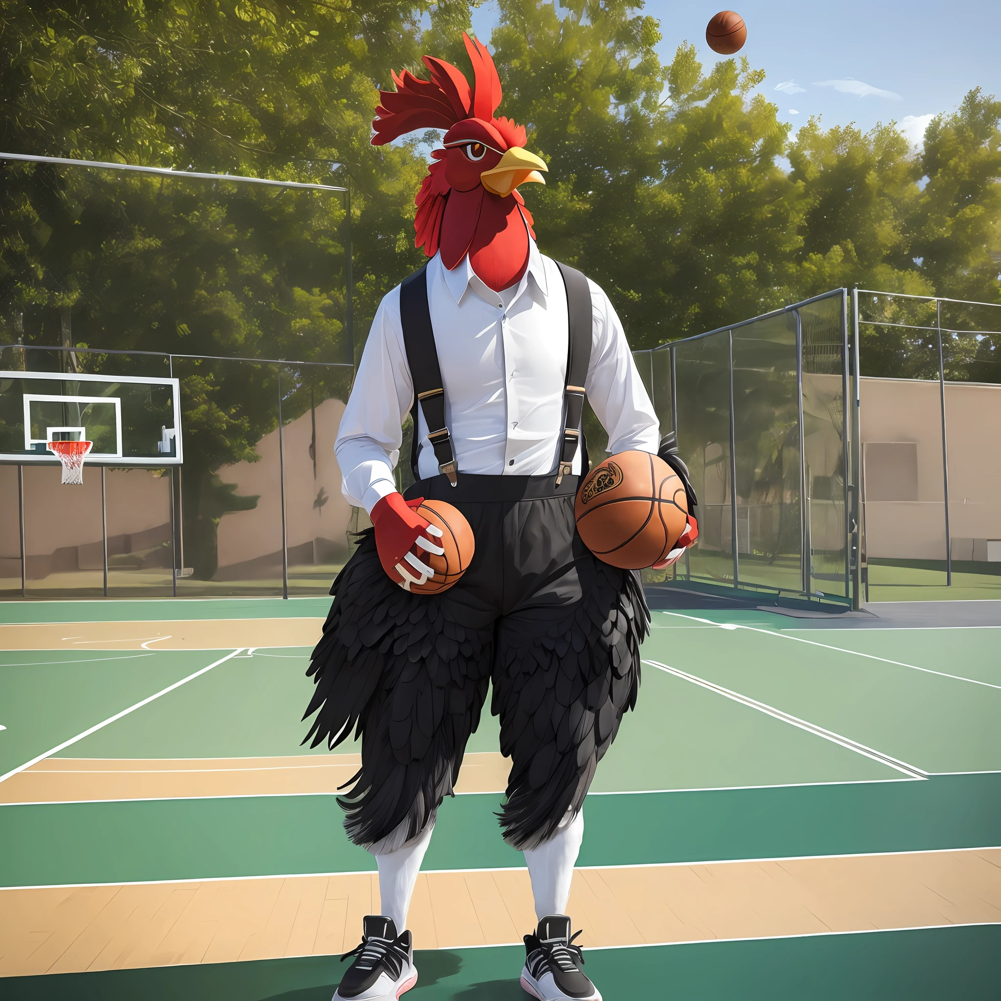 Rooster (((anthropomorphic))), wearing suspenders, black feathers, sneakers, vanity, beauty, grace, in basketball court, surreal, midday light --auto --s2