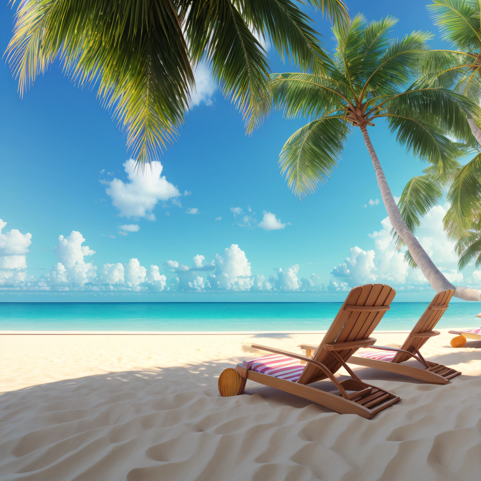 Summer beach, coconut trees, beach chairs, sunshine, summer 3d stereoscopic fresh scene, C4D --auto --s2