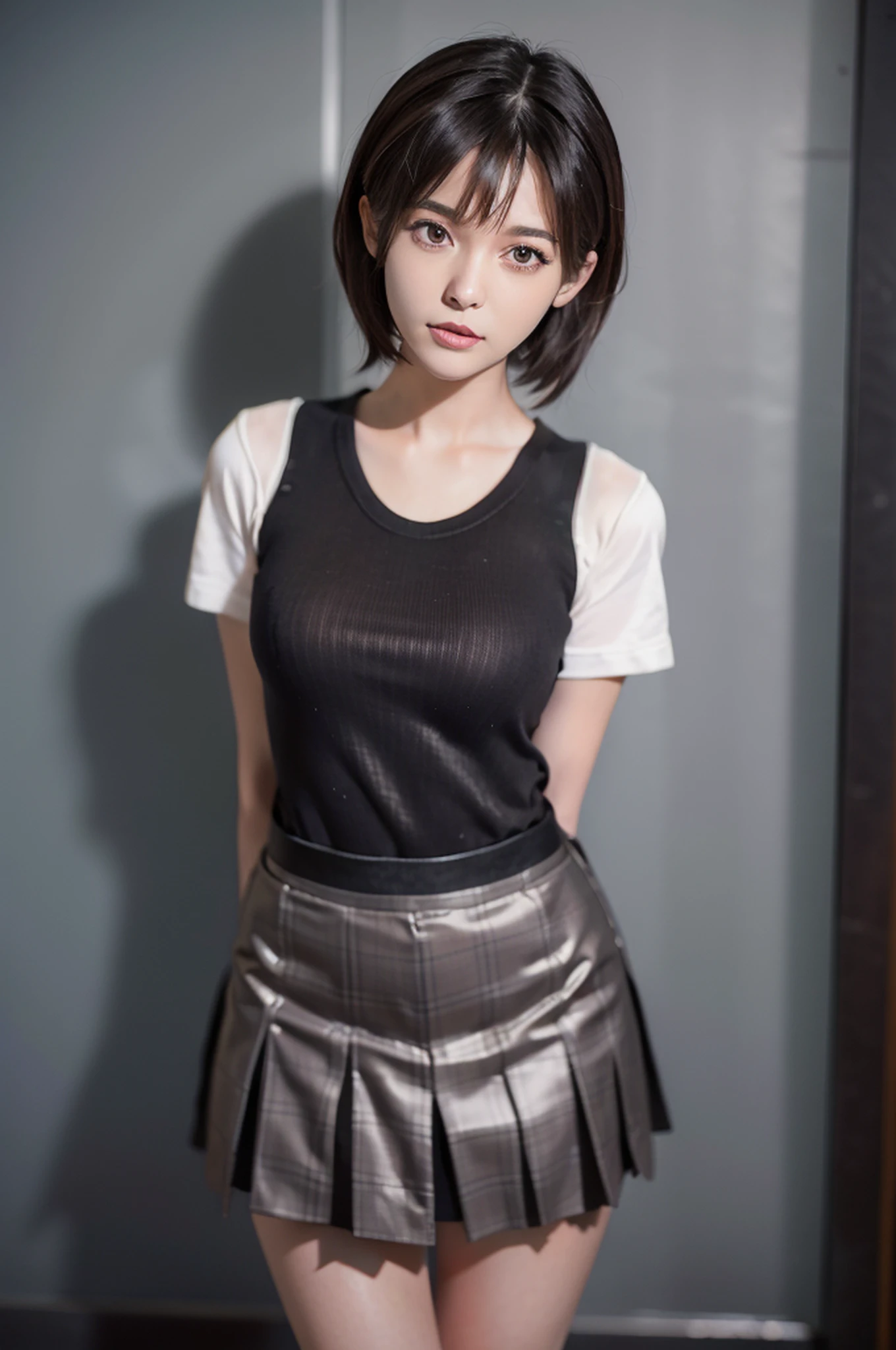 Standing woman, legs together, thin legs, tight skirt, high heels on the floor, hotel room, (masterpiece:1.3), (8k, photorealistic, RAW photo, best quality: 1.4), (1girl), beautiful face, (realistic face), (black hair, short hair:1.3), beautiful hairstyle, realistic eyes, beautiful detailed eyes, (realistic skin), beautiful skin, attractive, super high resolution, super realistic, very detailed, golden ratio, cute, cute schoolgirl, japanese schoolgirl uniform, wearing japanese school uniform, surreal high school girl, short skirt, full body, pantyhose, black stockings, full body perspective