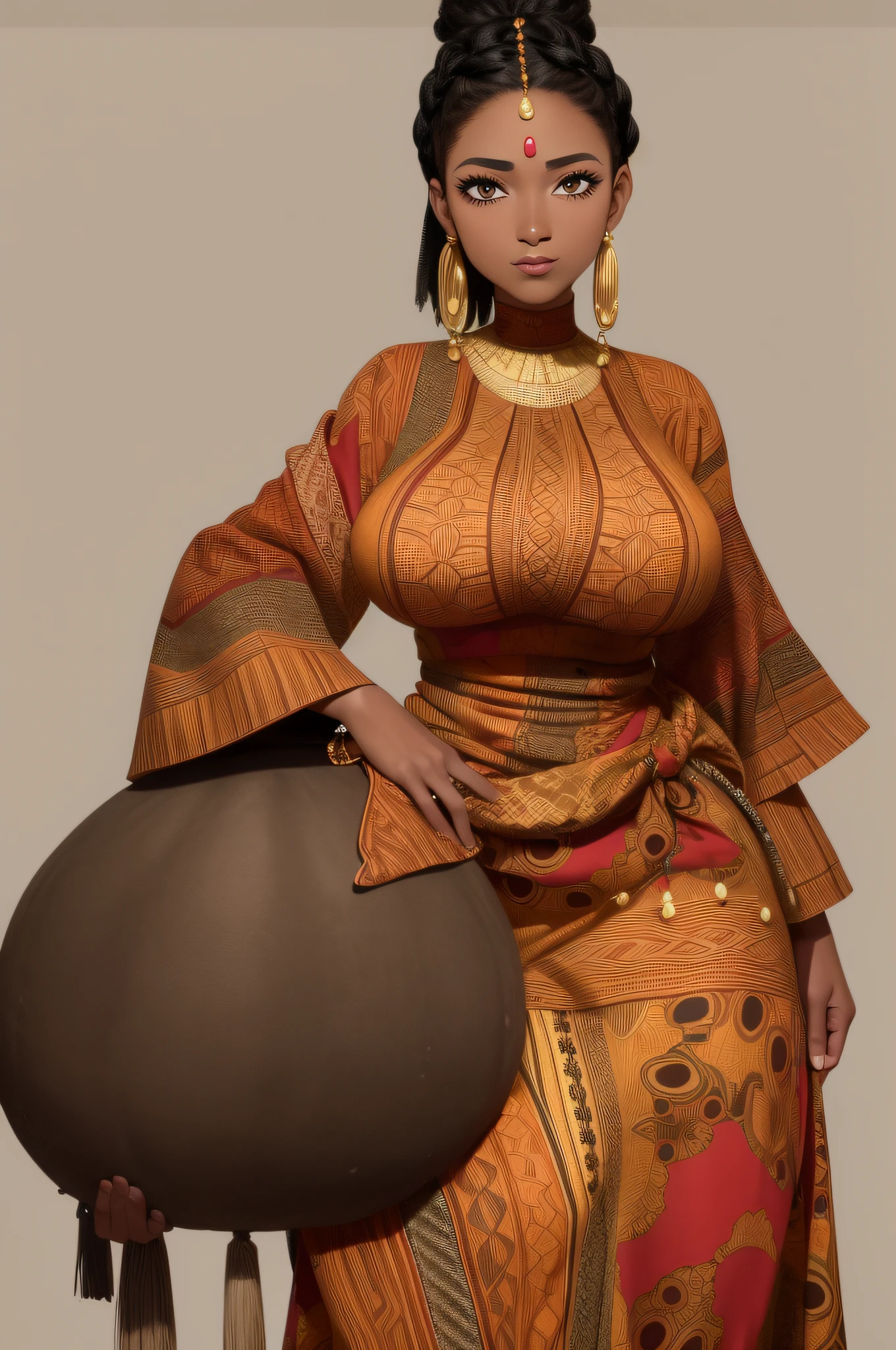 Black hair, african, african woman, wide hips, traditional african clothes, dark skin,hair bun braid,milf