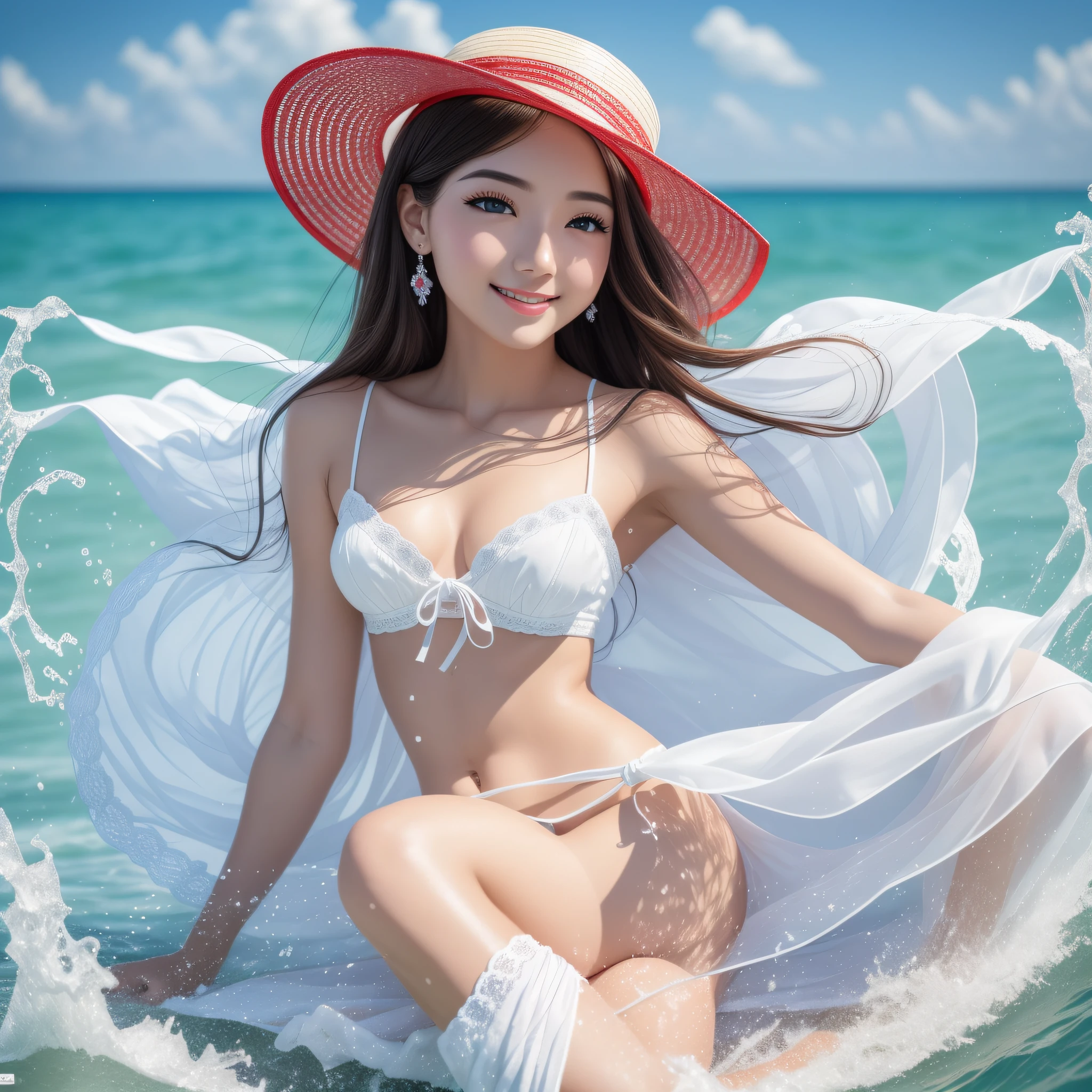 (8K:1.27), Best Quality, Masterpiece, Ultra High Resolution:1.2 On the seaside reef Sit sideways Smile back Beautiful woman in white dress Bright eyes Red lips Sweet smile Pastoral straw hat Fancy gauze hat Flying in the wind Delicate facial features 8K HD Small white booties Best ratio Large aperture Bokeh 1.4 aperture Background is blue sea Splashing Girl thin waist Long legs HD skin Sweet look Dreamy aesthetic Ultra-detailed face, highly detailed lips, detailed eyes, double eyelids, long eyelashes --auto --s2