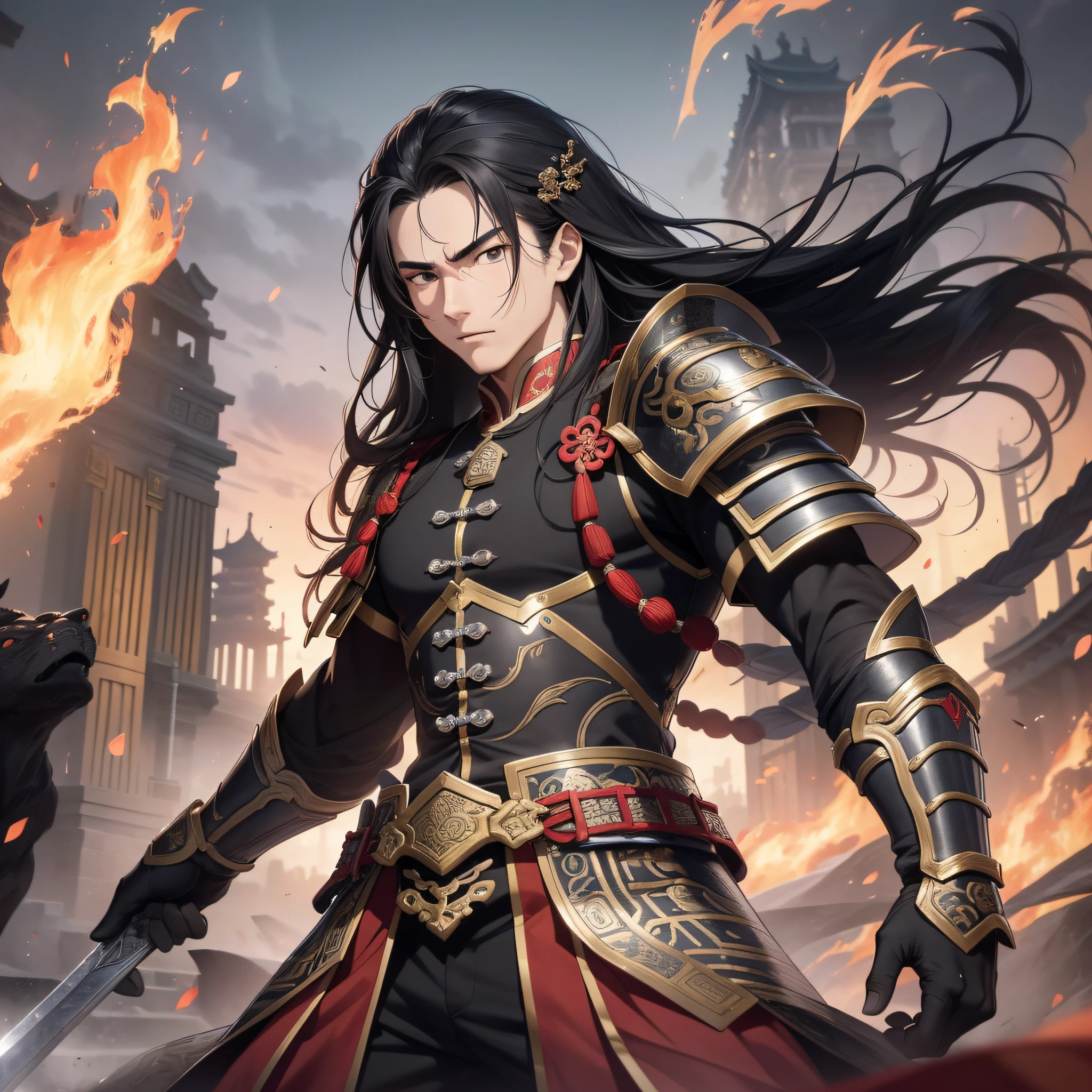 Absurd resolution, high resolution, (masterpiece: 1.4), hyper-detailed, ancient Chinese, black long-haired young man (1.3), roaring (1.2), crying (1.2), warrior in ancient Chinese armor, wielding sword, blood, fighting, standing on ancient city walls (1.3), dusk, fire