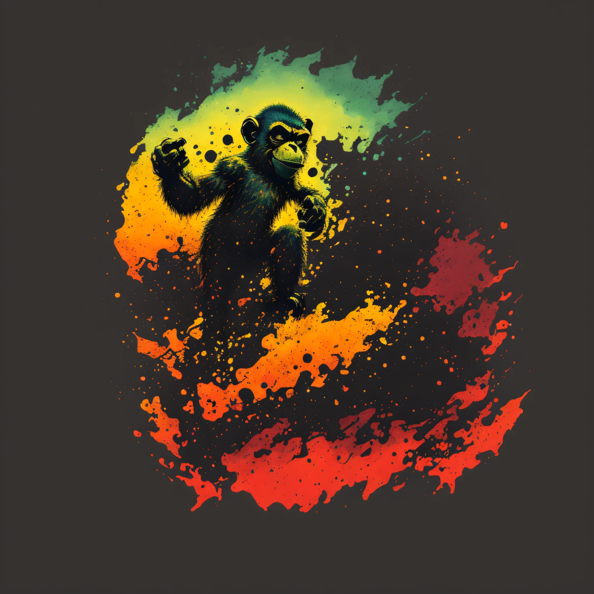 Risography of a monkey on a (dark black background: 1.4 ) and the floor is full, with little stars everywhere by Edward Hopper 8 K Trending in Artstation Octane Render Unreal Engine 5 VFX Houdini Zaha Hadid Concept 3 D Matte Painting Digital Illustration Style Volumetric Lighting Dramatic Cinematic Ray Tracing Light Rays RTX Ambient Occlusion Pix. (centered and enclosed on a black background: 1.2) as an art-style t-shirt logo