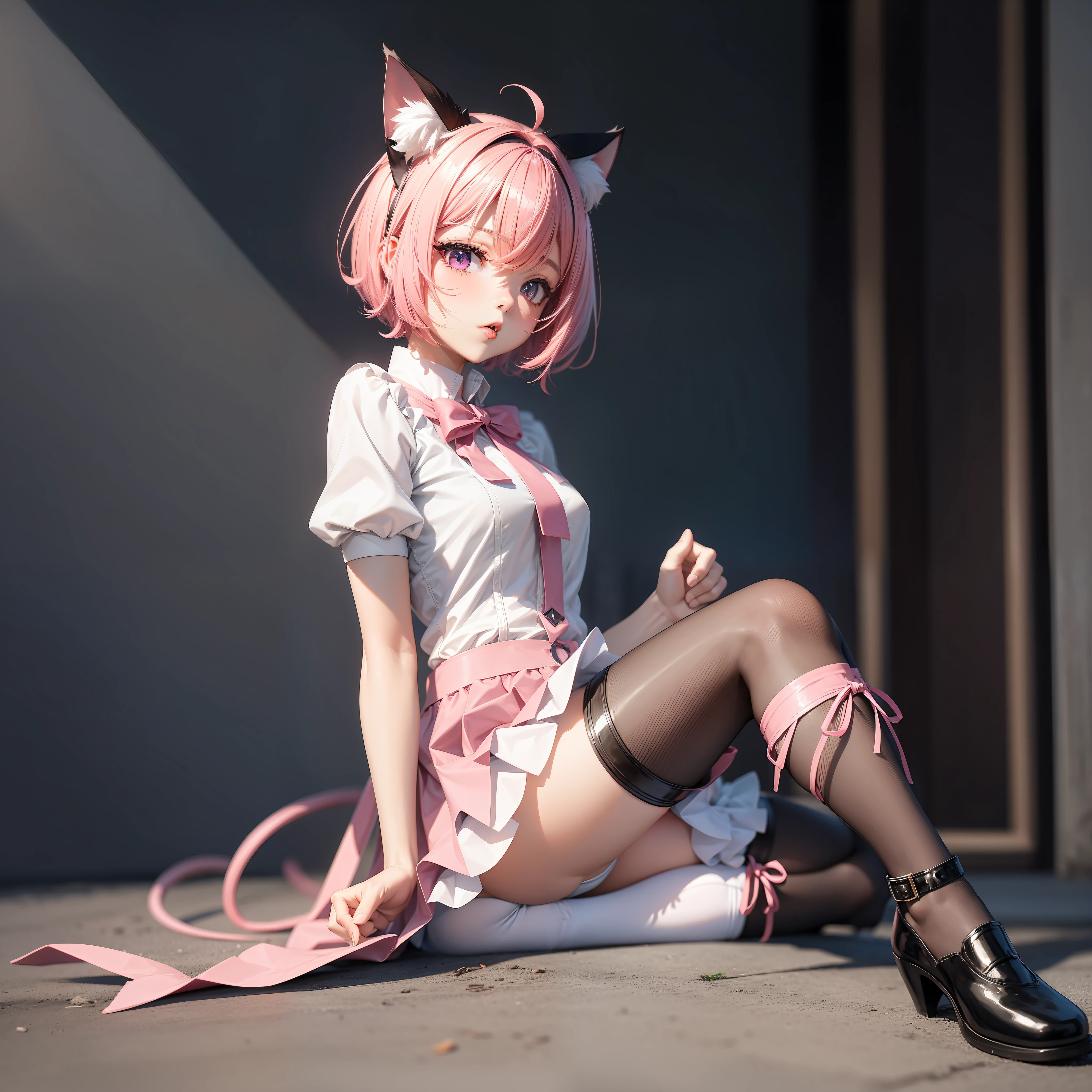 Girl Cat Ears Beast Tail Short Pink Hair Short Skirt Shyness Tongue Sticking Thin Legs White Stockings Kneeling --auto --s2