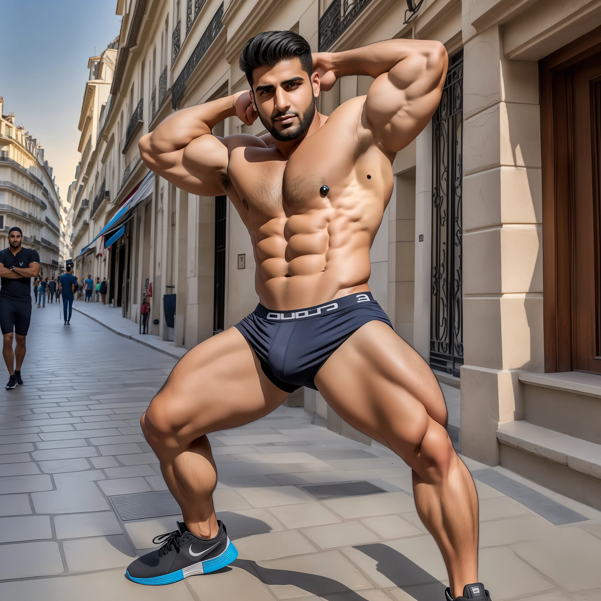 Realistic photo, Full body view, (best quality, high-resolution), a 29-year-old male Arab in a powerful and dynamic pose, flexing his biceps and tone abdomen, glistening with sweat under the sunset light on a street in paris. with huge big bulge in underwear , armpit hair, arm tattoos, double cleft-chin --auto --s2