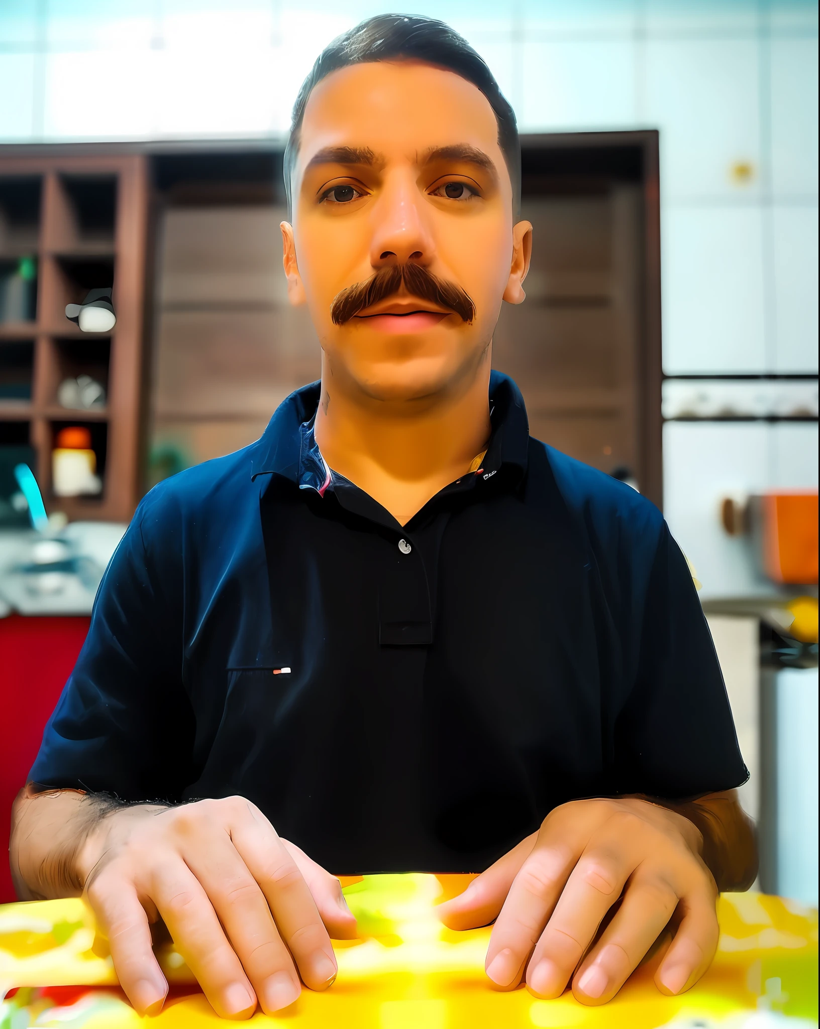 White man with chevron mustache ((32 years old)), sitting at a table dressed in an ultra detailed black and yellow flight suit, futuristic style., Surrealism, high detail, cinematic lighting, reflection light, 8k, high quality, UHD, 4K