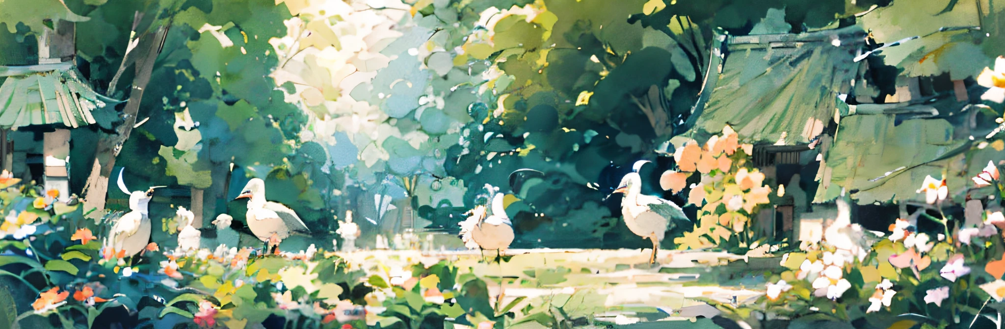 there is a painting of a girl and two white birds in a forest, dreamy illustration, illustrated in whimsical style, a beautiful artwork illustration, illustration!, beautifully illustrated, whimsical forest, by Ni Duan, blurry and dreamy illustration, inspired by Pascale Campion, cute illustration, by Mei Qing, by Yuko Tatsushima, a forest with bunnies