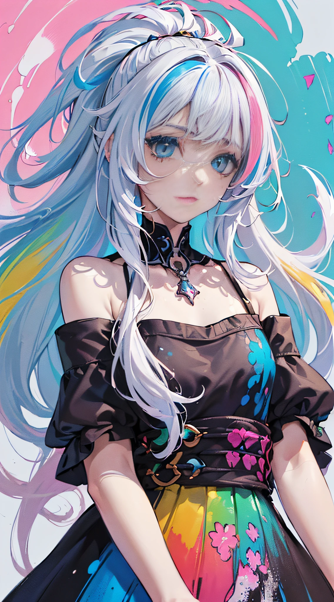 （Pink Fashion T-shirt：1.9），(Colorful hair: 1.8), (all the colours of the rainbow: 1.8),(((((vertical painting：1.6))), （painting：1.6），front, comics, illustrations, paintings, large eyes, crystal clear eyes,（ rainbow color gradient high ponytail：1.7）, exquisite makeup, closed mouth,(Small Fresh: 1.5),(Wipe Chest: 1.6) ，long eyelashes, white off shoulder T-shirt,  White Shoulder Shirt，looking at the audience, large watery eyes, (rainbow colored hair：1.6), color splash, （solo：1.8）, color splash, color explosion, thick paint style, messy lines, ((shining))，(colorful), (colorful), (colorful), colorful, Thick Paint Style, (Splash) (Color Splash), Vertical Painting, Upper Body, Paint Splash, Acrylic Pigment, Gradient, Paint, Highest Image Quality, Highest Quality, Masterpiece, Solo, Depth of Field, Face Paint,  colorful clothes, (Elegant: 1.2), gorgeous,long hair, wind, (Elegant: 1.3), (Petals: 1.4)，(((masterpiece))),(((best quality))),((ultra-detailed)),(illustration),(dynamic angle),((floating)),(paint),((disheveled hair)),(solo),(1girl) , (((detailed anima face))),((beautiful detailed face)),collar,bare shoulders,white hair, ((colorful hair)),((streaked hair)),beautiful detailed eyes,(Gradient color eyes),(((colorful eyes))),(((colorful background))),(((high saturation))),(((surrounded by colorful splashes))),