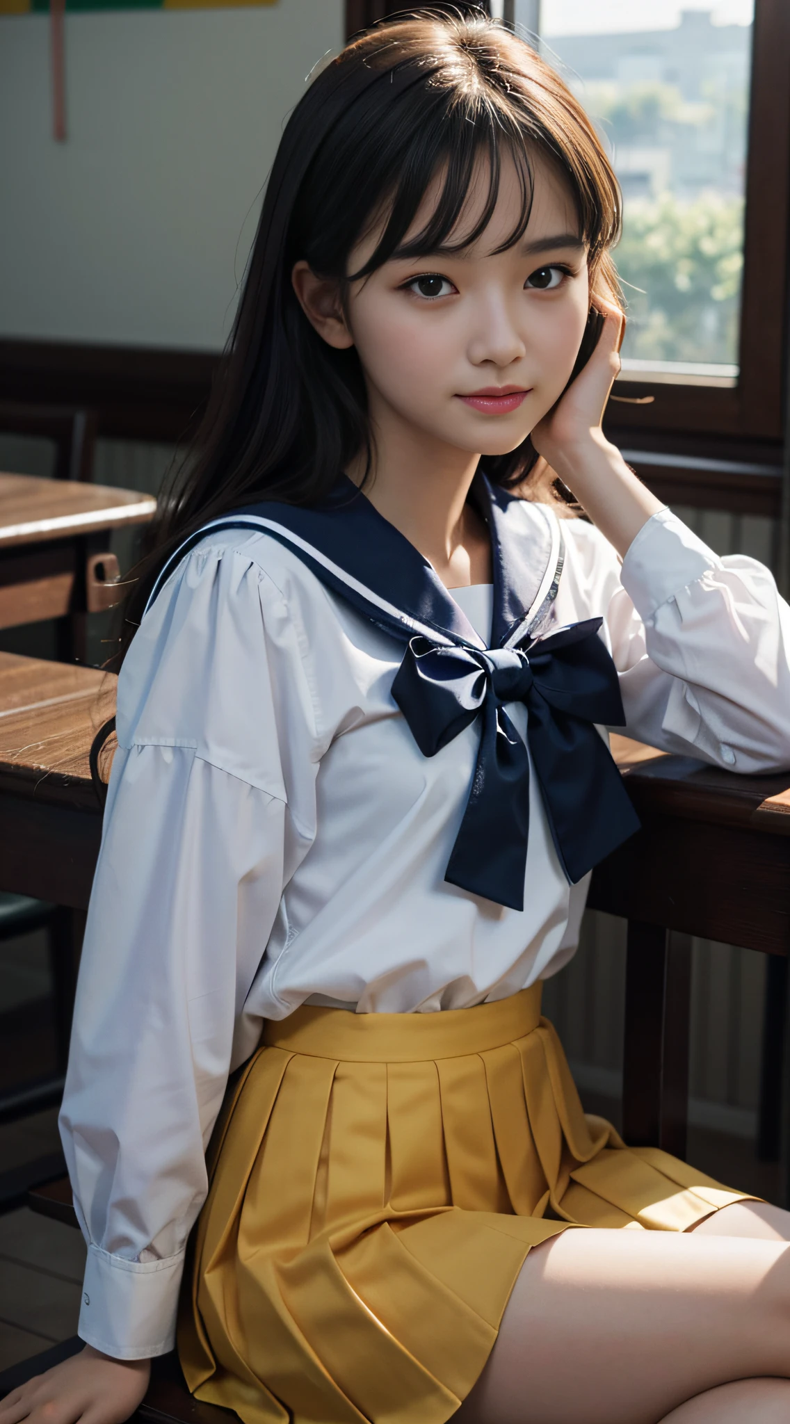 Masterpiece, Best Quality, 8K, Official Art, Raw Picture, Incredibly Absurd, Beautiful Girl, Smiling, (Sitting, Upper Body, Sailor Suit, Serafuk,:1.2), Uniform, Shirts, Looking Audience, Up Close, , Classroom, Bow Tie, Navy Pleated Skirt, Ultra Realistic, High Definition, Photography, Film Grain, Chromatic Aberration, Sharp Focus, Face Light, Dynamic Lighting, Movie Lighting, Supreme Detail, Extreme Detail, Ultra Detailed, Detailed, Highly Detailed Eyes and Face