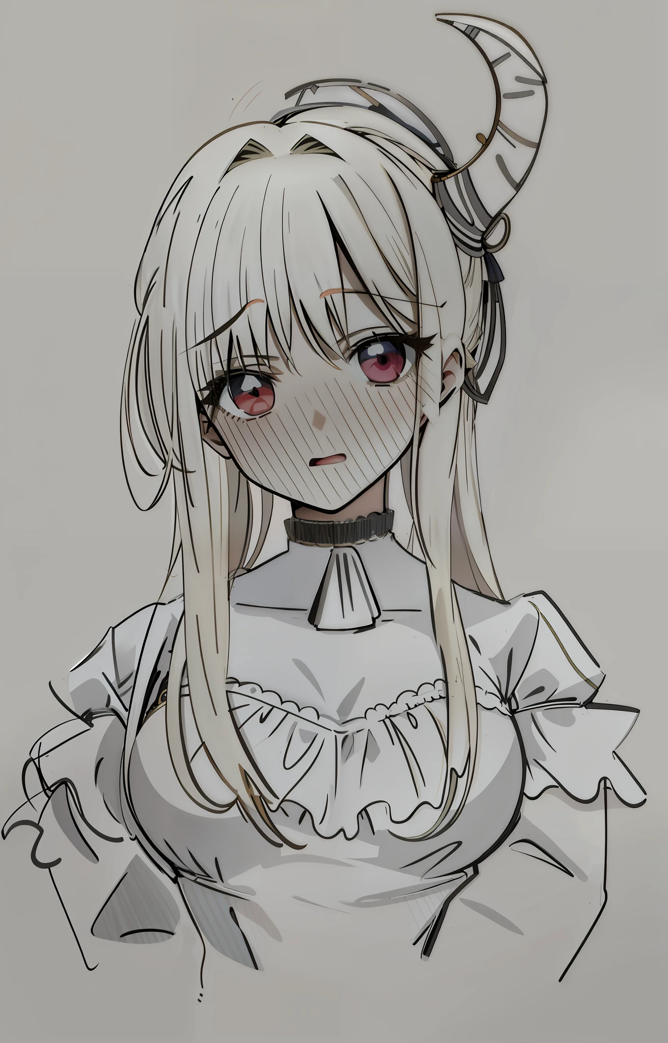 Masterpiece, 2k, 1girl, portrait of anime girl, portrait of anime style, anime girl, blonde hair, little curvy loli, portrait of anime girl, red eyes, detailed portrait of anime girl, swollen breasts, anime girl, gentle, white background, blush, chest full dress, long hair, open horns on the head, white clothes, delicate skin