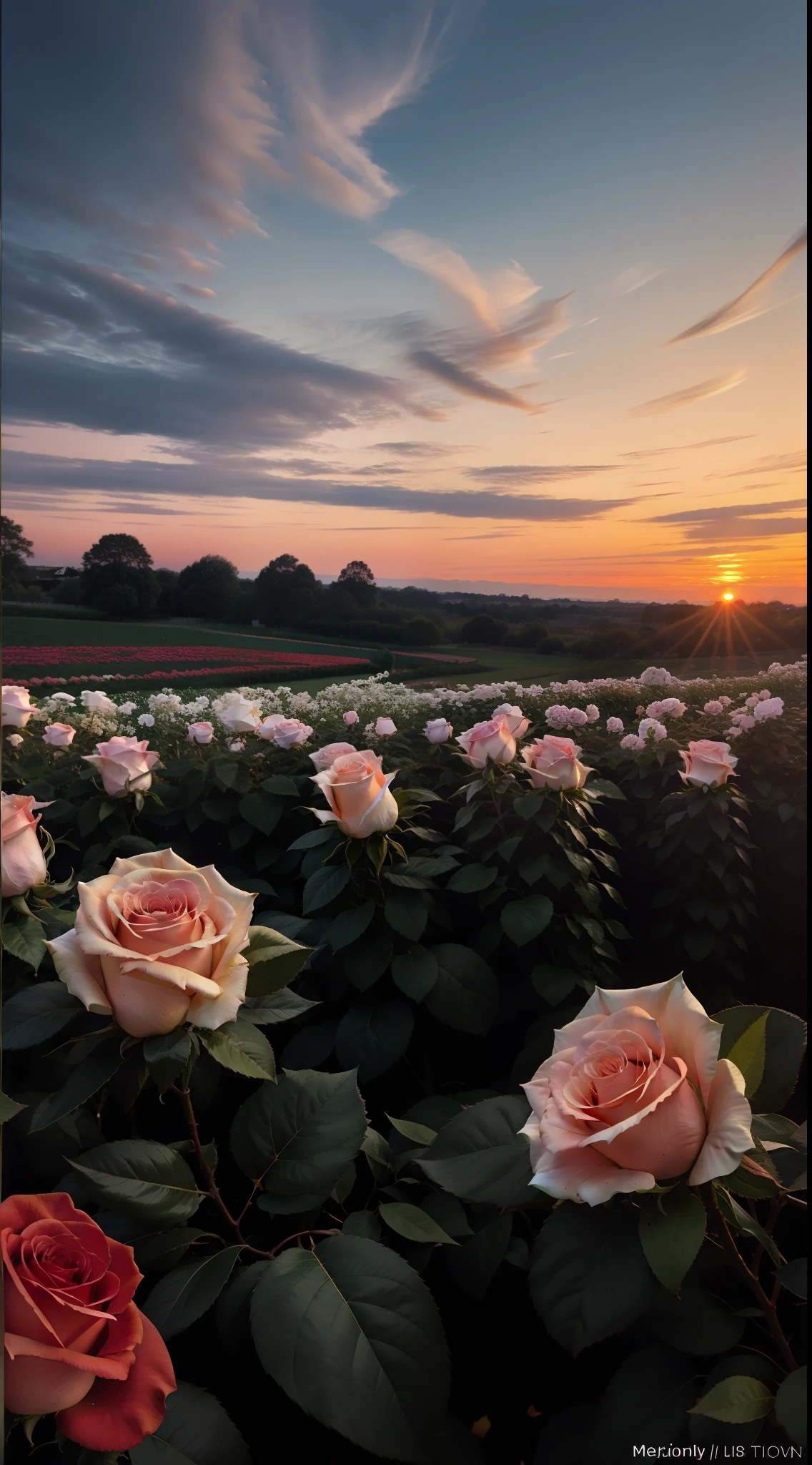 The sky is a magnificent sunset, In front of it is a row of white fences, The fence is covered with delicate roses, The colors of the roses are colorful, The whole picture is romantic, reality, high detail, Realism, chromatic aberration, chiaroscuro, UHD, masterpiece, ccurate, anatomically correct, super detail, high details, high quality, award winning, best quality, highres, 16k