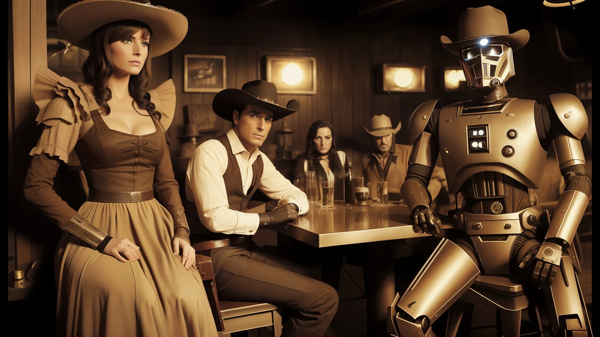 araffe and a woman in a dress and hat are sitting at a table, who is a robot, cowboy shot, cinematic film, droid, sepia, scene from live action movie, inspired western comic, still frame from a movie, metal album cover, by Matt Stewart, mashup, cowgirl, sexy movie photo, ??2077, megadeth