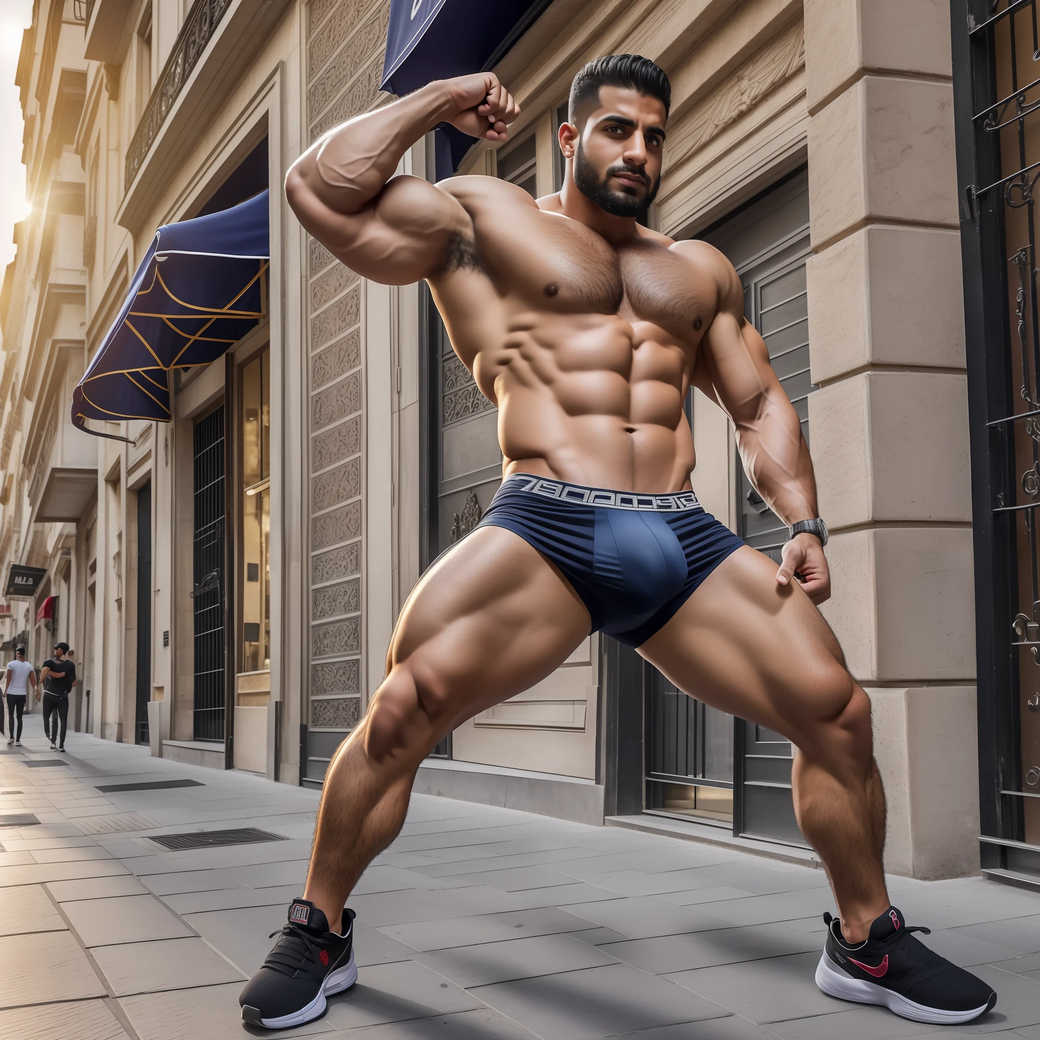 Realistic photo, Full body view, (best quality, high-resolution), a 29-year-old male Arab  in a powerful and dynamic pose, flexing his biceps, glistening with sweat under the sunset light on a street in paris. with huge big bulge in underwear , armpit hair, arm tattoos, double cleft-chin --auto --s2