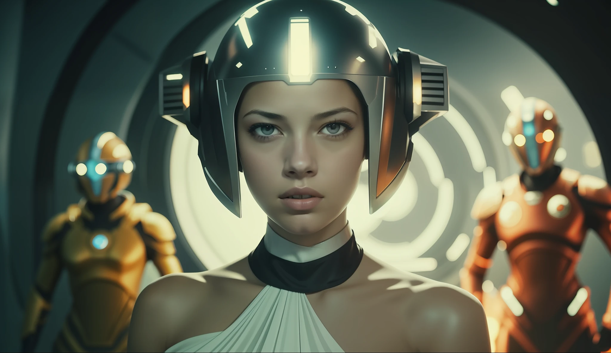 a woman (Alexis Knapp) wearing a helmet standing in front of a group of humanoids, a character portrait by Nína Tryggvadóttir, cgsociety, retrofuturism, reimagined by industrial light and magic, sci-fi, futuristic