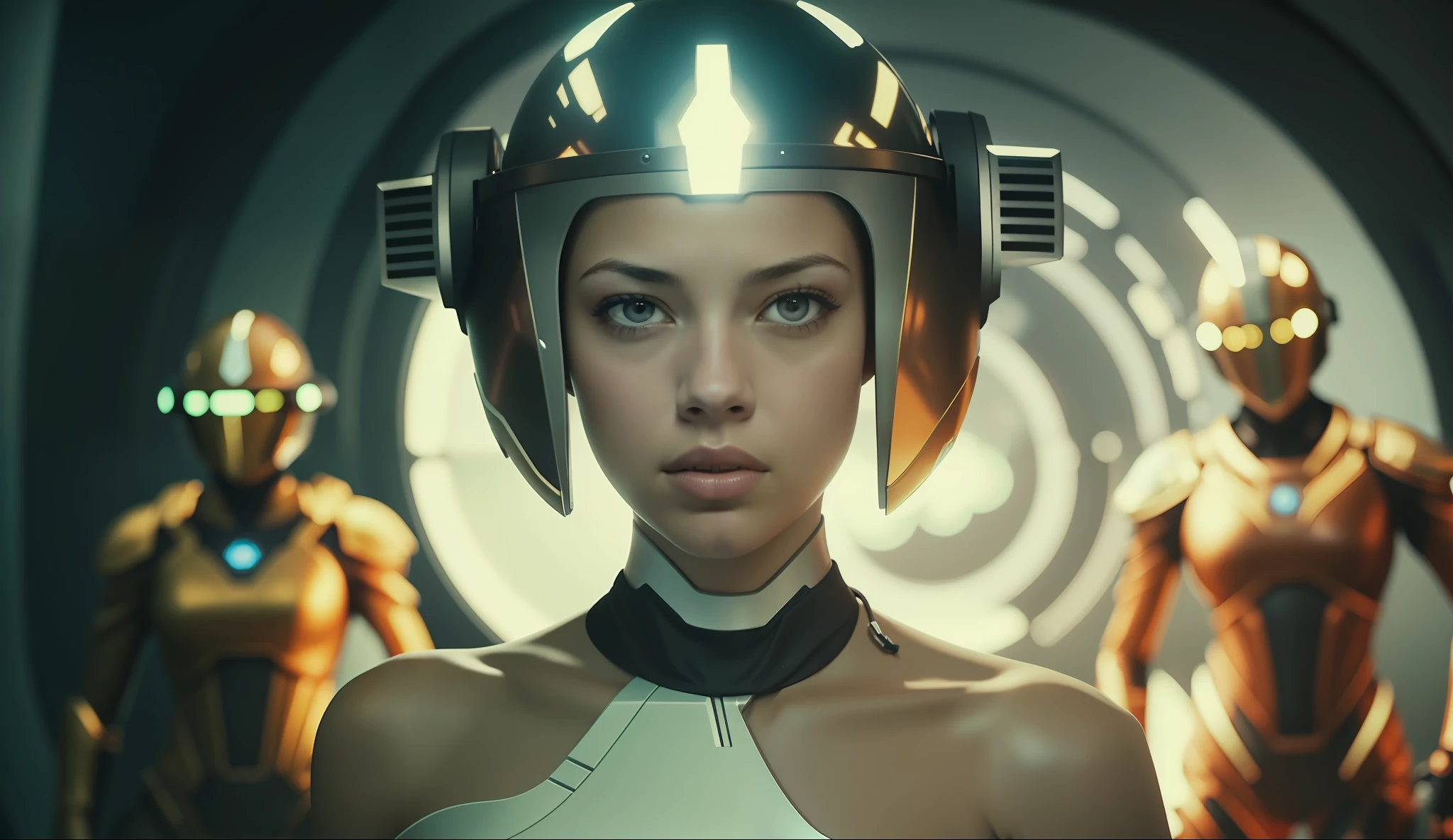 a woman (Alexis Knapp) wearing a helmet standing in front of a group of humanoids, a character portrait by Nína Tryggvadóttir, cgsociety, retrofuturism, reimagined by industrial light and magic, sci-fi, futuristic