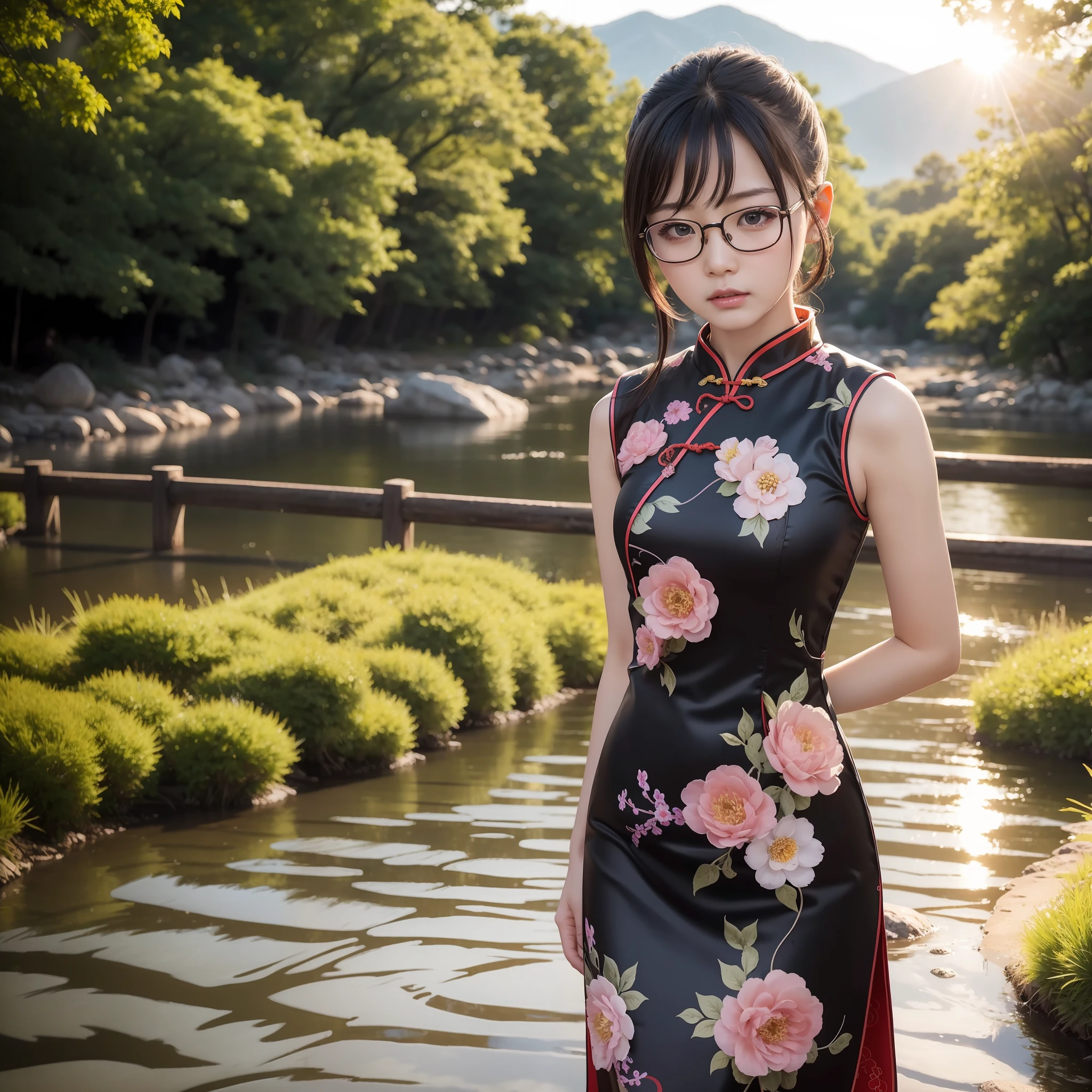 Cowboy Shot, (Masterpiece), (Best Quality:1.2), Small,Small,Glasses,Full Body,Anger, Sun Absurdity, Photography, Photorealistic,Very Detailed, Detailed Face, Solo 18.y.o Japan girls, sexy cheongsam, standing, riverside, arms behind back, sunlight, random hairstyle
