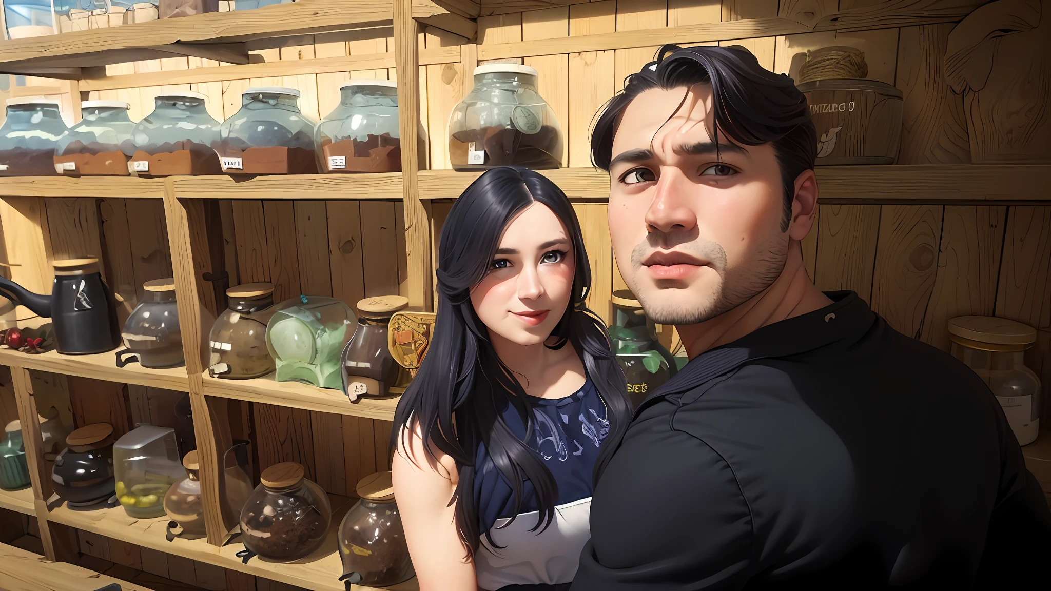 there is a man and woman standing in front of a shelf of jars, profile image, profile picture, by Nándor Katona, couple, beautiful sunny day, by Alejandro Obregón, apothecary, ayanamikodon and irakli nadar, ayahausca, by Daniel Lieske, honey, zigor samaniego