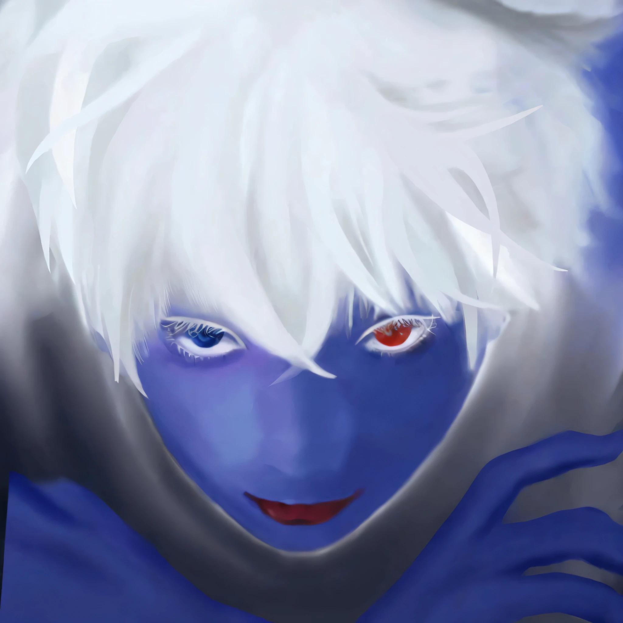 painting of a person with white hair and blue eyes and a white hair, with blue skin, made with anime painter studio, 2 b, 2b, white haired deity, vibrant fan art, v from devil may cry as an elf, killua zoldyck portrait, red and blue eyes, white haired, 2d art, 2 d art, bluish face