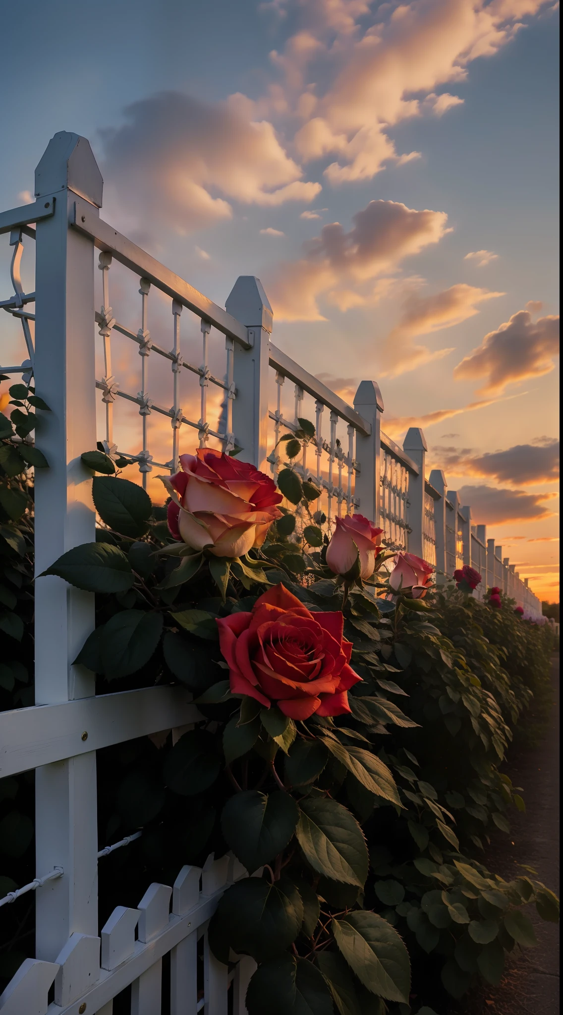The sky is a magnificent sunset, In front of it is a row of white fences, The fence is covered with delicate roses, The colors of the roses are colorful, The whole picture is romantic, reality, high detail, Realism, chromatic aberration, chiaroscuro, UHD, masterpiece, ccurate, anatomically correct, super detail, high details, high quality, award winning, best quality, highres, 16k