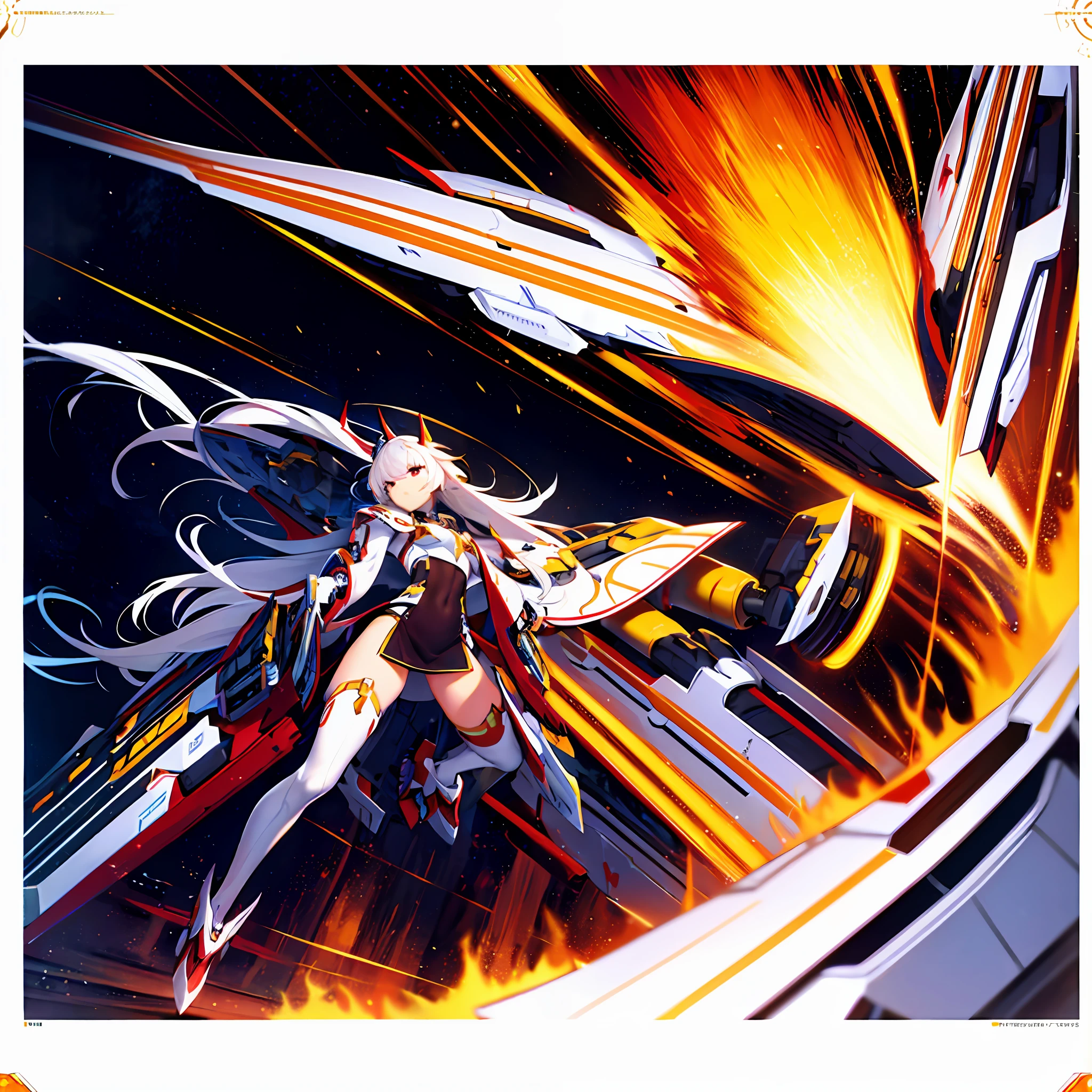 The best picture quality, the best details, masterpiece, sky, 1 cute girl, wearing white | white armor, shield in left hand, laser sword in right hand, a pair of symmetrical steel wings on the back, blue | white armor on the chest, flames spraying from the engine ports on both sides of the thighs, lower legs wrapped around mecha lower limbs, flames under the feet, mecha symmetrical left and right, distant shots, spaceship, blue sky, flying birds