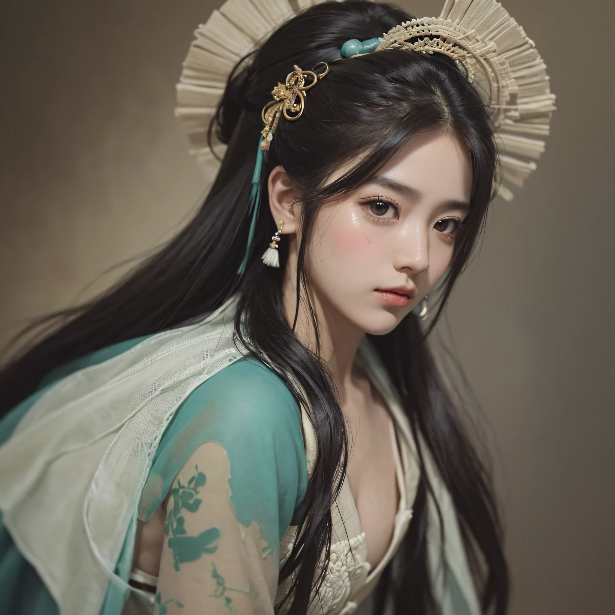 Best quality, masterpiece, ultra high res, (photorealistic:1.4), raw photo, (Authentic skin texture:1.3), (film grain:1.3), panorama, character portrait, very wide shot, half body, narrow waist, cowboy shot , in the dark, deep shadow, low key, cold light, night, 1girl, Tang Dynasty Hanfu, Intricate embroidery, Jade hairpin, Black hair styled in a traditional updo, Brown eyes --auto --s2