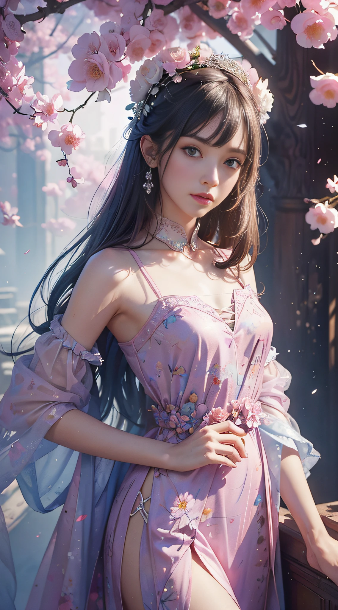 add_detail:2,1girl,detailed face,princess,taoist),flower, Lisianthus ,in the style of light pink and light azure, dreamy and romantic compositions, pale pink, ethereal foliage, playful arrangements,fantasy, high contrast, ink strokes, explosions, over exposure, purple and red tone impression , abstract, ((watercolor painting by John Berkey and Jeremy Mann )) brush strokes, negative space