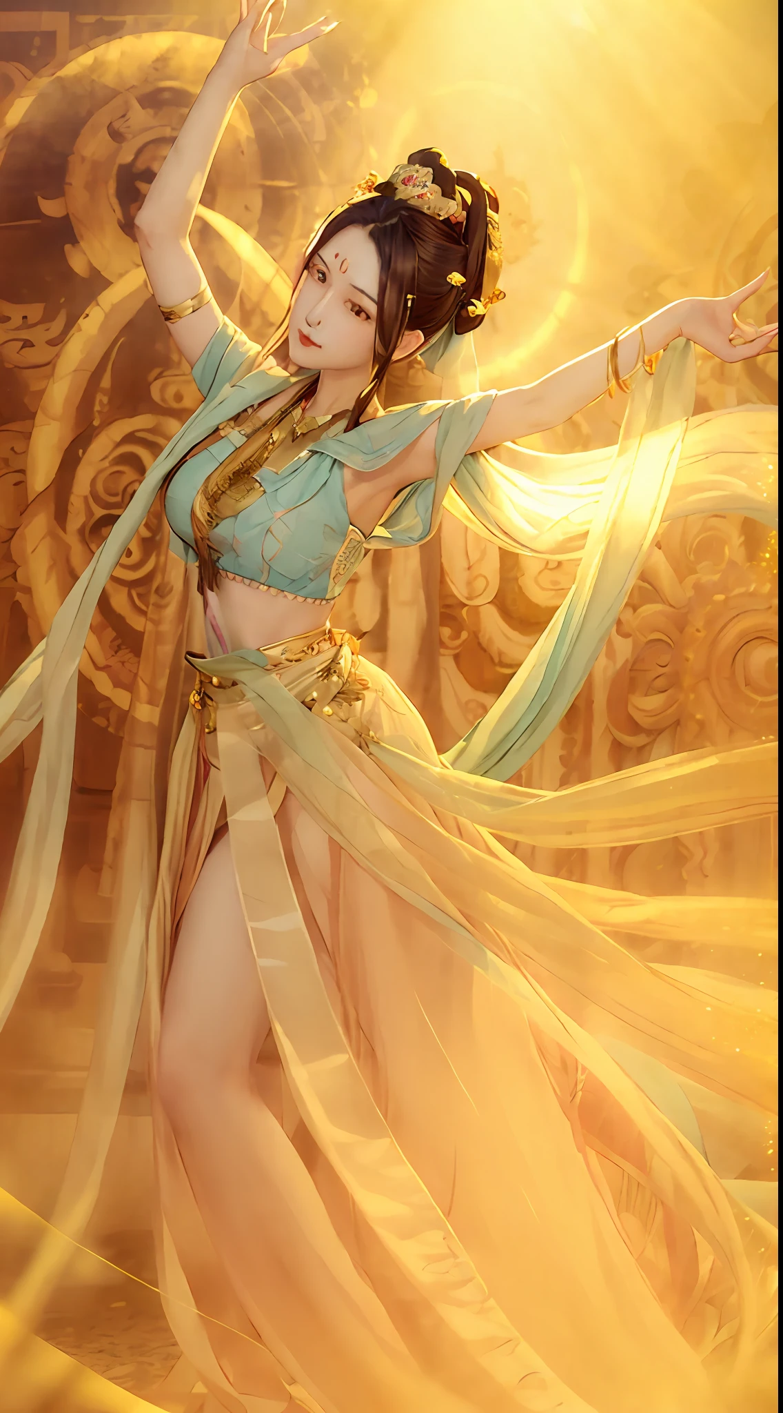 masterpiece, best quality, detailed, solo, torino aqua, mature female, dunhuang_cloths, detailed gold trim, lipstick, heavenly, outdoor, Immortal, dinvine, godlike, godrays, sun beams, brown hair, brown eyes, cowboy shot, expresslessness, light smile, arms up, detailed background, chinese building
