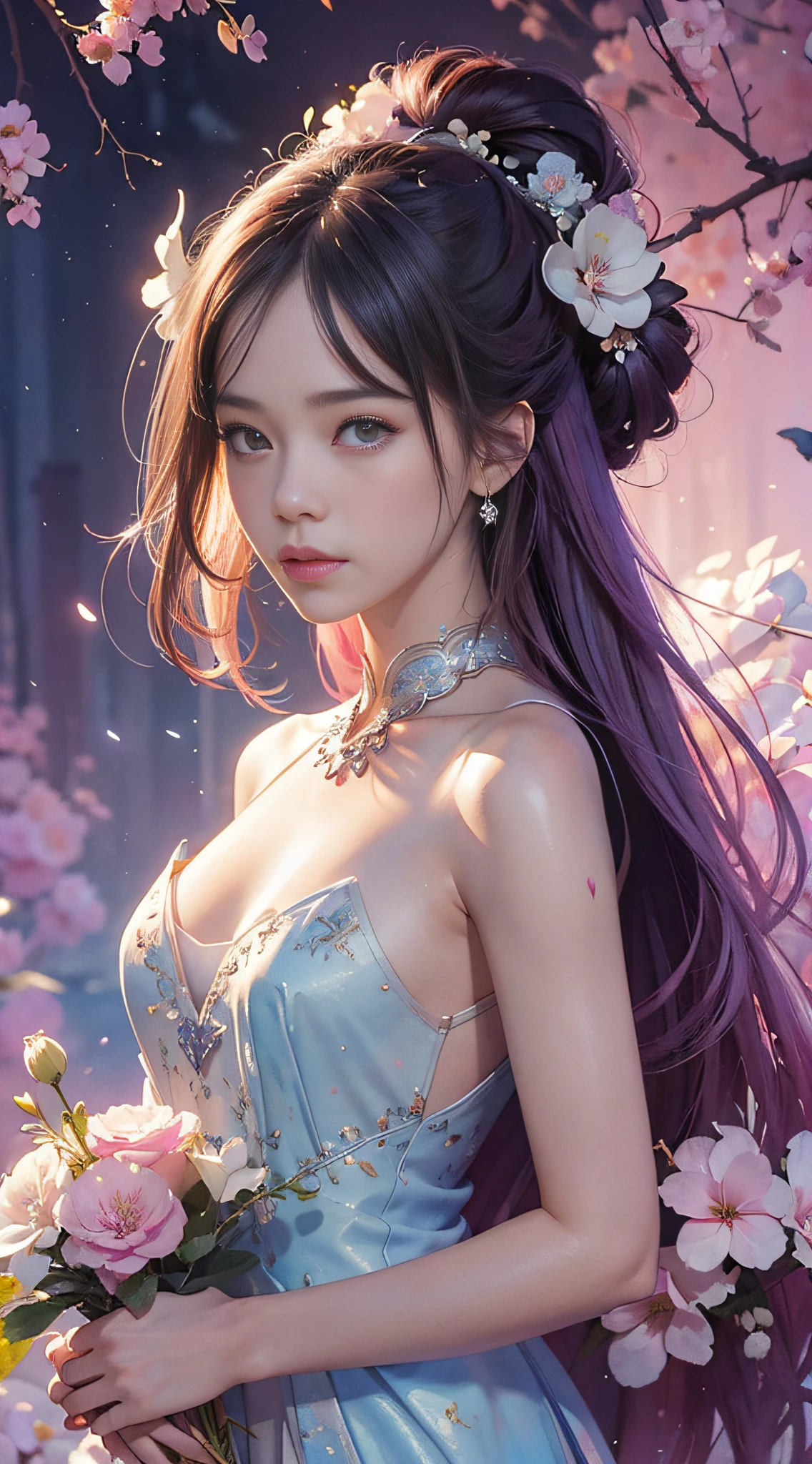 add_detail:2,1girl,detailed face,princess,taoist),flower, Lisianthus ,in the style of light pink and light azure, dreamy and romantic compositions, pale pink, ethereal foliage, playful arrangements,fantasy, high contrast, ink strokes, explosions, over exposure, purple and red tone impression , abstract, ((watercolor painting by John Berkey and Jeremy Mann )) brush strokes, negative space