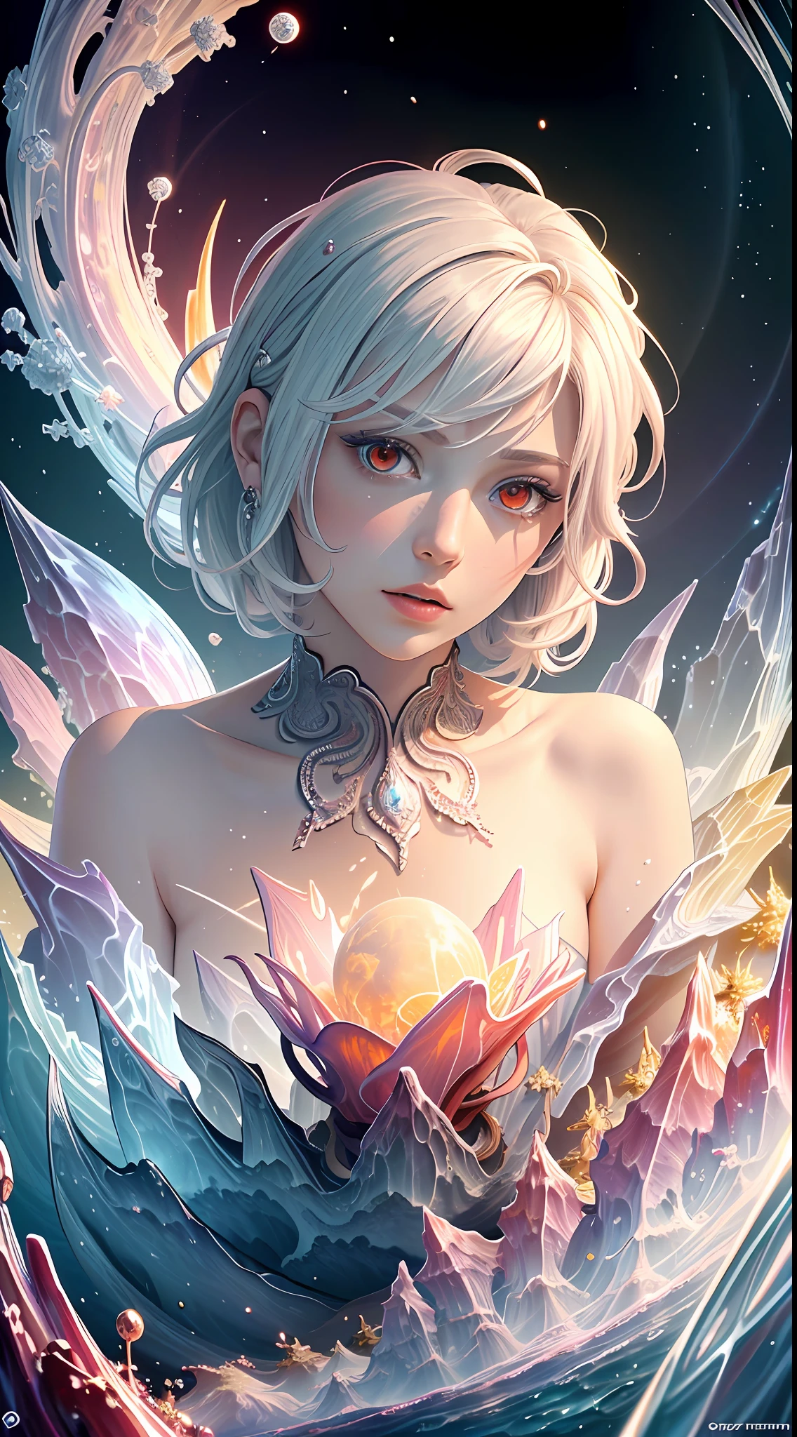 Realistic, (Masterpiece, Top Quality, Best Quality, Official Art, Beauty and Aesthetics: 1.2), Very Detailed, Fractal Art, Colorful, Most Detailed, Zentangle, (Abstract Background: 1.5) (1boy: 1.3), God, White Hair, Short Hair, (Glowing Red Eyes), Mysterious, (Magic), Ice, Handsome Man, ((Other Shore Flower)), Yellow Spring, Hell