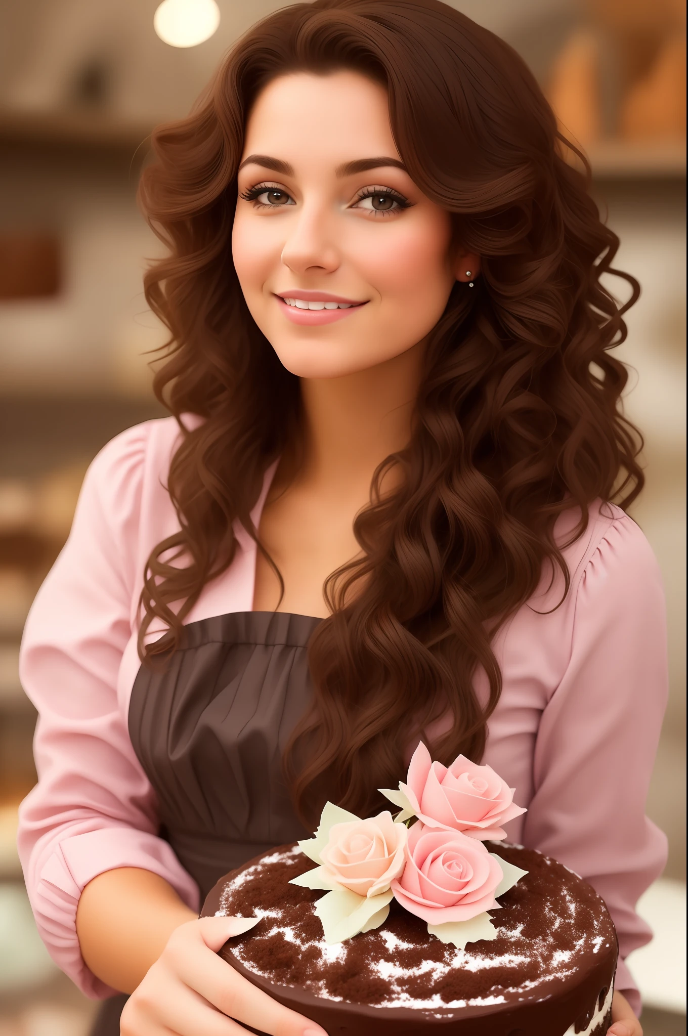 Woman brunette dark brown curly hair, confectioner, makes beautiful confectionery cakes, quality images, and in the details of the cake image cinema quick image