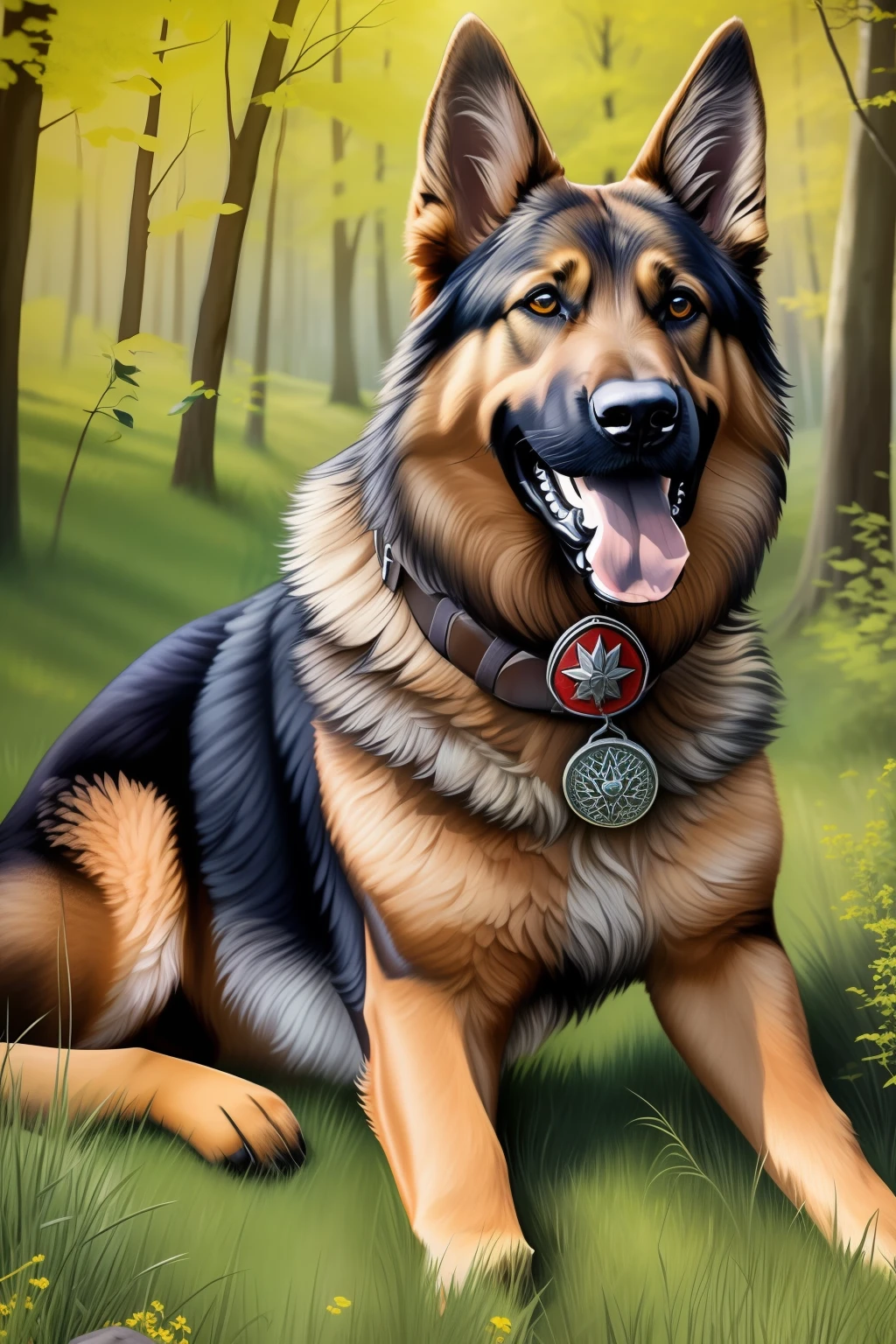 Excellent quality, realistic, highly detailed picture, great lighting, the hero is a large German Shepherd, confident posture, bright accent on the eyes of the dog painted red, in the background is forest and grass, water and stones, sunlight, add shadows for more realism.