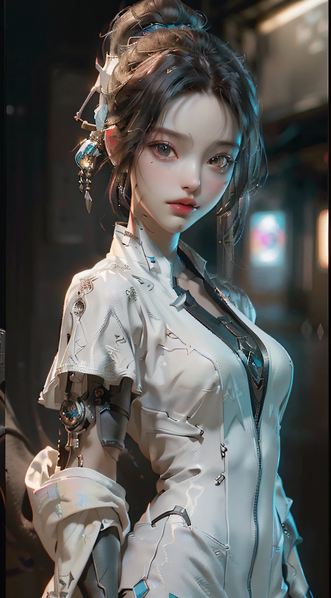 (Best Quality), ((Masterpiece), (Detail: 1.4), 3D, A Beautiful Cyberpunk Woman, HDR (High Dynamic Range), Ray Tracing, NVIDIA RTX, Super-Resolution, Unreal 5, Subsurface Scattering, PBR Textures, Post-Processing, Anisotropic Filtering, Depth of Field, Maximum Sharpness and Clarity, Multi-layer Textures, Albedo and Highlight Maps, Surface Shading, Accurate simulation of light-material interactions, perfect proportions, big breasts, Octane Render, two-color light, large aperture, low ISO, white balance, rule of thirds, 8K RAW,