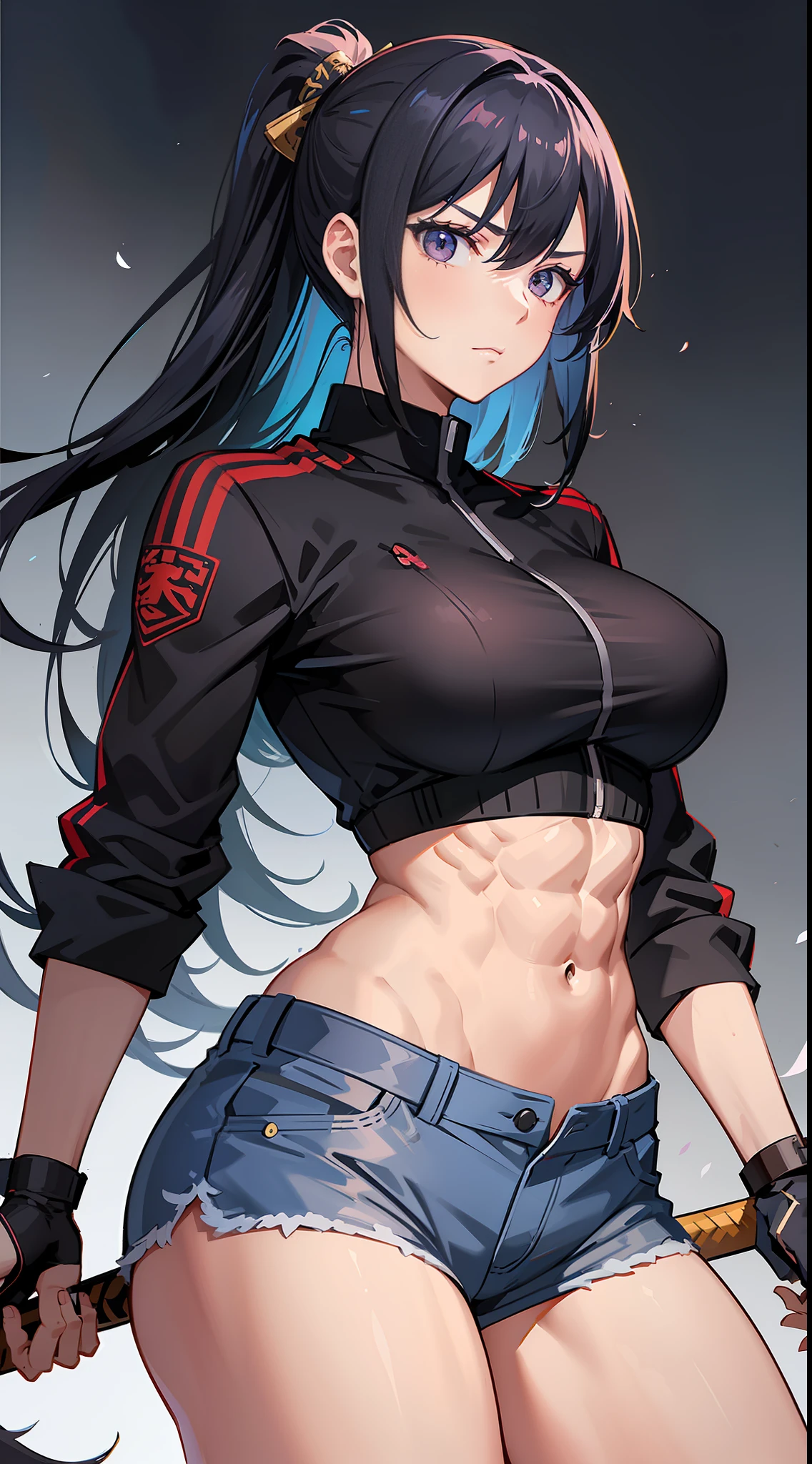 "A woman stands tall, holding katana, wearing a short uniform, shorts, athletic body, perfect physique, chest size: 1.4, a sharp gaze, serious expression,abs:1.4"