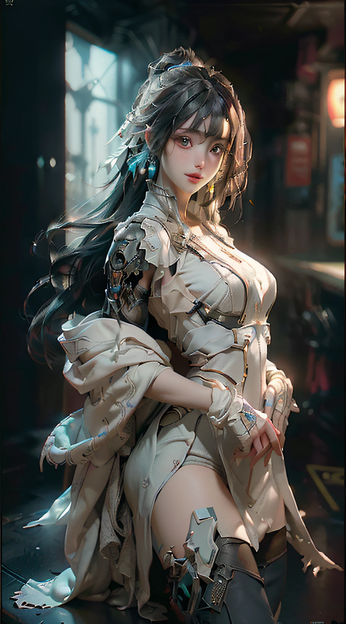 (Best Quality), ((Masterpiece), (Detail: 1.4), 3D, A Beautiful Cyberpunk Woman, HDR (High Dynamic Range), Ray Tracing, NVIDIA RTX, Super-Resolution, Unreal 5, Subsurface Scattering, PBR Textures, Post-Processing, Anisotropic Filtering, Depth of Field, Maximum Sharpness and Clarity, Multi-layer Textures, Albedo and Highlight Maps, Surface Shading, Accurate simulation of light-material interactions, perfect proportions, big breasts, Octane Render, two-color light, large aperture, low ISO, white balance, rule of thirds, 8K RAW,