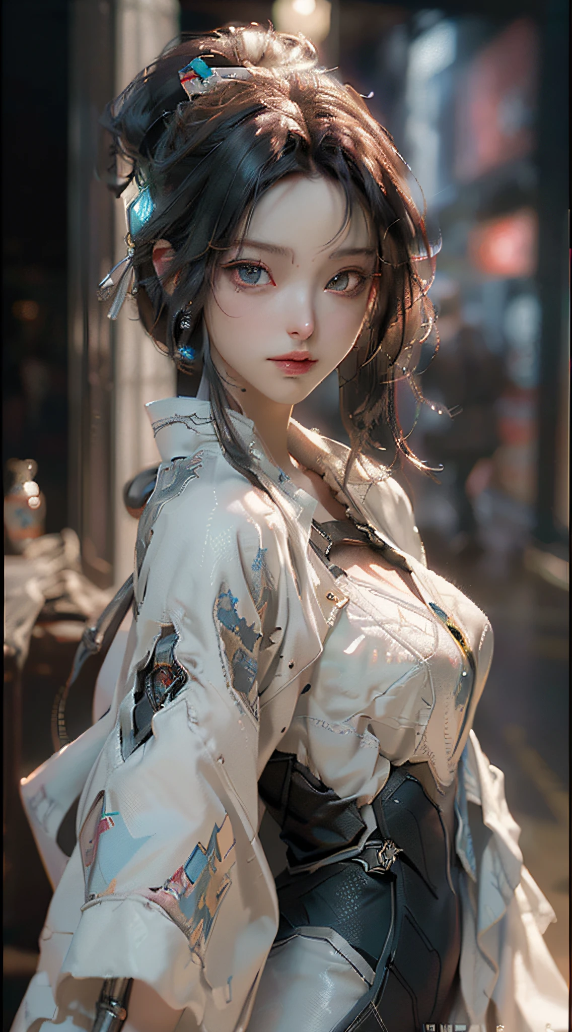 (Best Quality), ((Masterpiece), (Detail: 1.4), 3D, A Beautiful Cyberpunk Woman, HDR (High Dynamic Range), Ray Tracing, NVIDIA RTX, Super-Resolution, Unreal 5, Subsurface Scattering, PBR Textures, Post-Processing, Anisotropic Filtering, Depth of Field, Maximum Sharpness and Clarity, Multi-layer Textures, Albedo and Highlight Maps, Surface Shading, Accurate simulation of light-material interactions, perfect proportions, big breasts, Octane Render, two-color light, large aperture, low ISO, white balance, rule of thirds, 8K RAW,