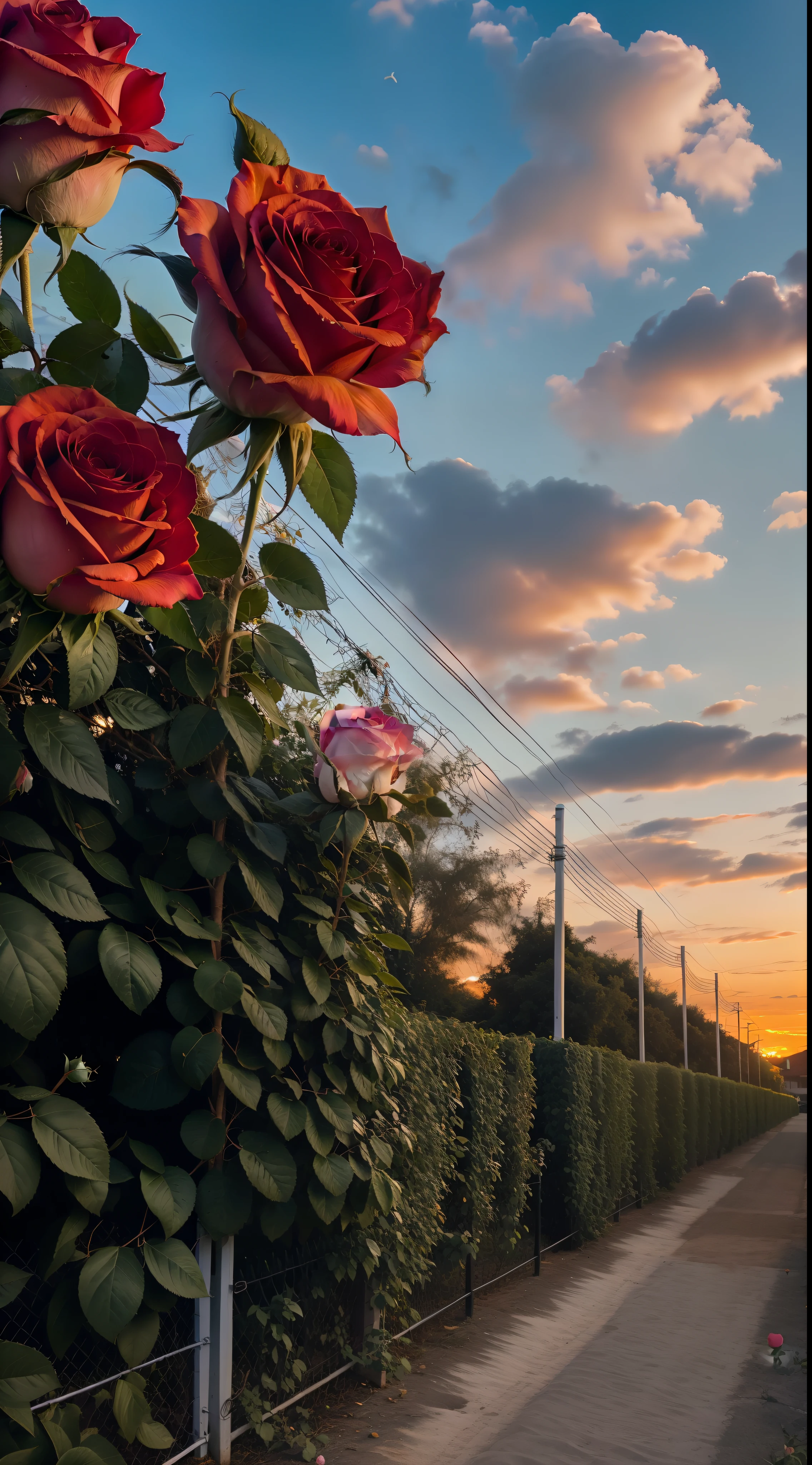 The sky is a magnificent sunset, In front of it is a row of white fences, The fence is covered with delicate roses, The colors of the roses are colorful, The whole picture is romantic, reality, high detail, Realism, chromatic aberration, chiaroscuro, UHD, masterpiece, ccurate, anatomically correct, super detail, high details, high quality, award winning, best quality, highres, 16k