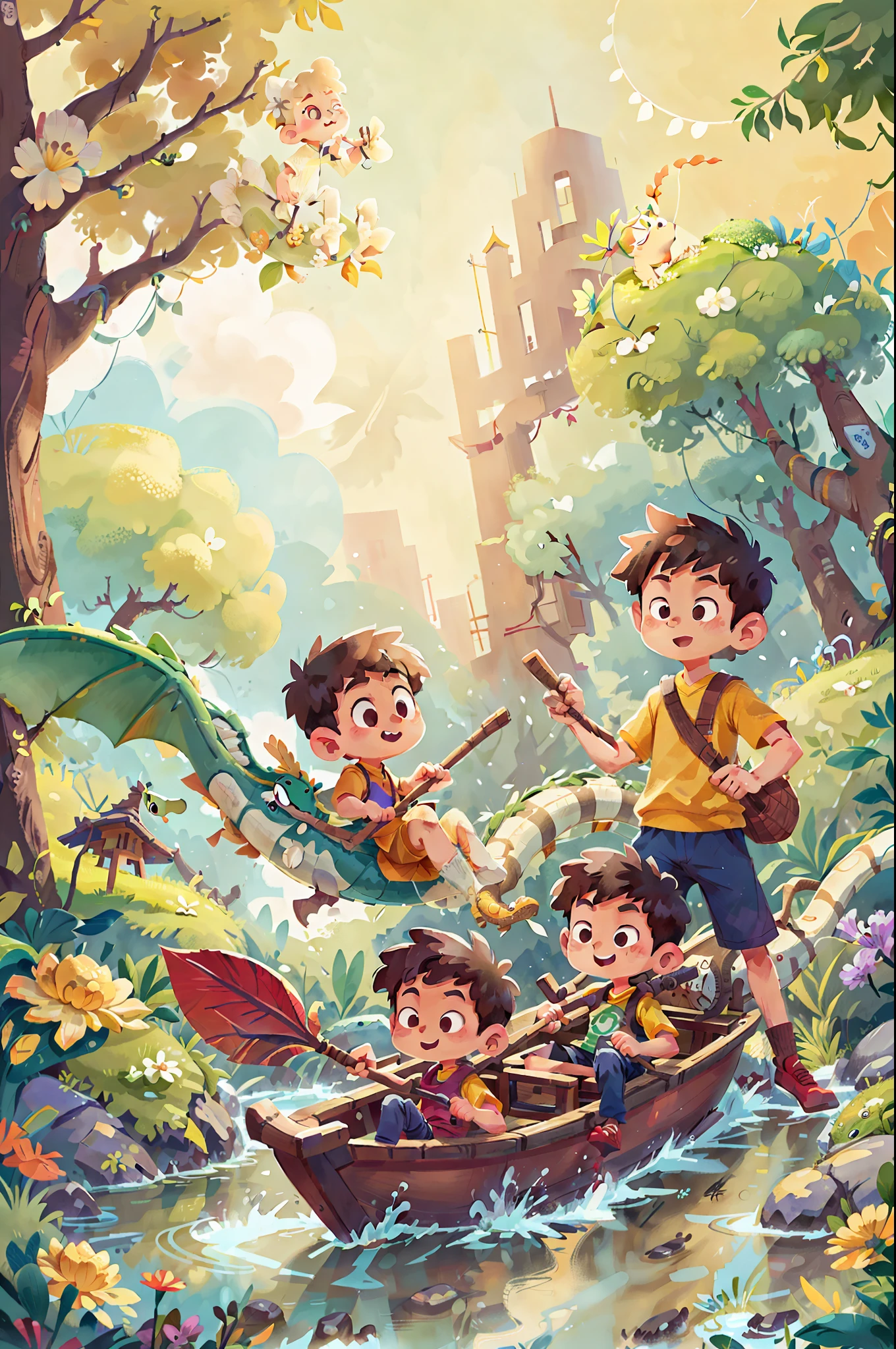 Poster design, (SFW), two rowing boys, Chinese dragon, spring outing, happy, background is a small river interspersed in Chinese street, perfect quality, clear focus, colorful, perfect face, intricate details, ultra-low viewing angle, wide angle lens