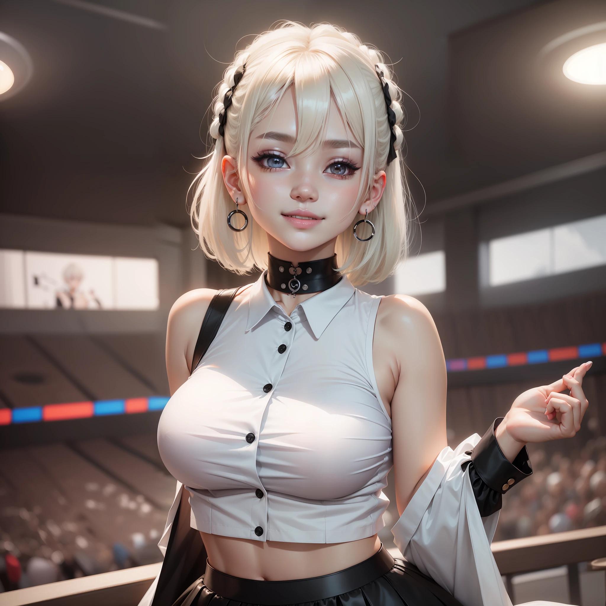best quality, ultra high res, 1girl, sleeveless white button shirt, black skirt, black choker, cute, (Kpop idol), (aegyo sal:1), (platinum blonde hair:1), ((puffy eyes)), looking at viewer, full body, facing front, glow skin, smile, thick ass